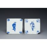 Two rare Chinese blue and white tiles with a scholar and a guardian, Transitional period