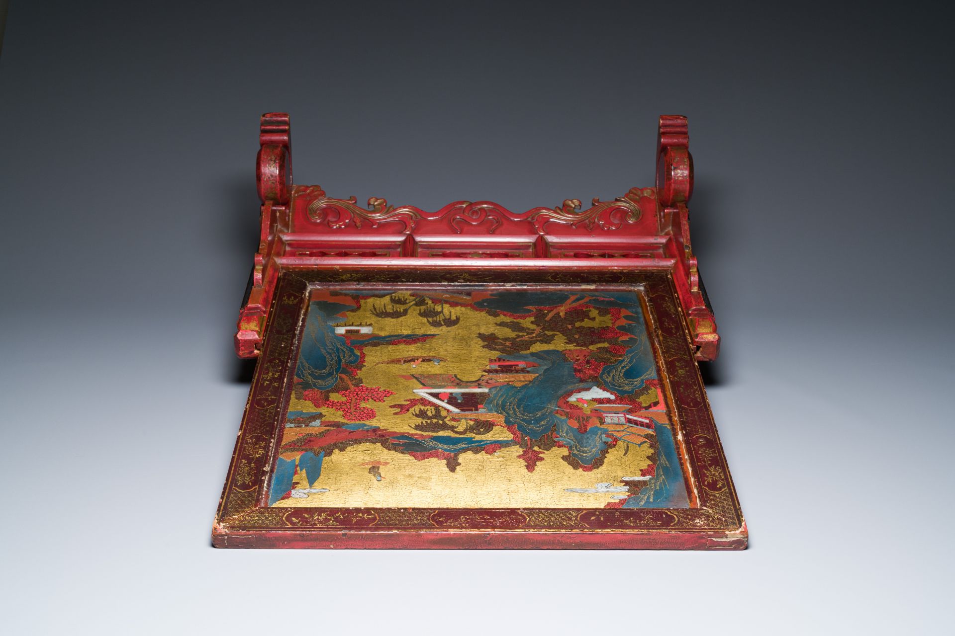 A Chinese gilt-lacquered and painted wood table screen, Shanxi, 16/17th C. - Image 7 of 14