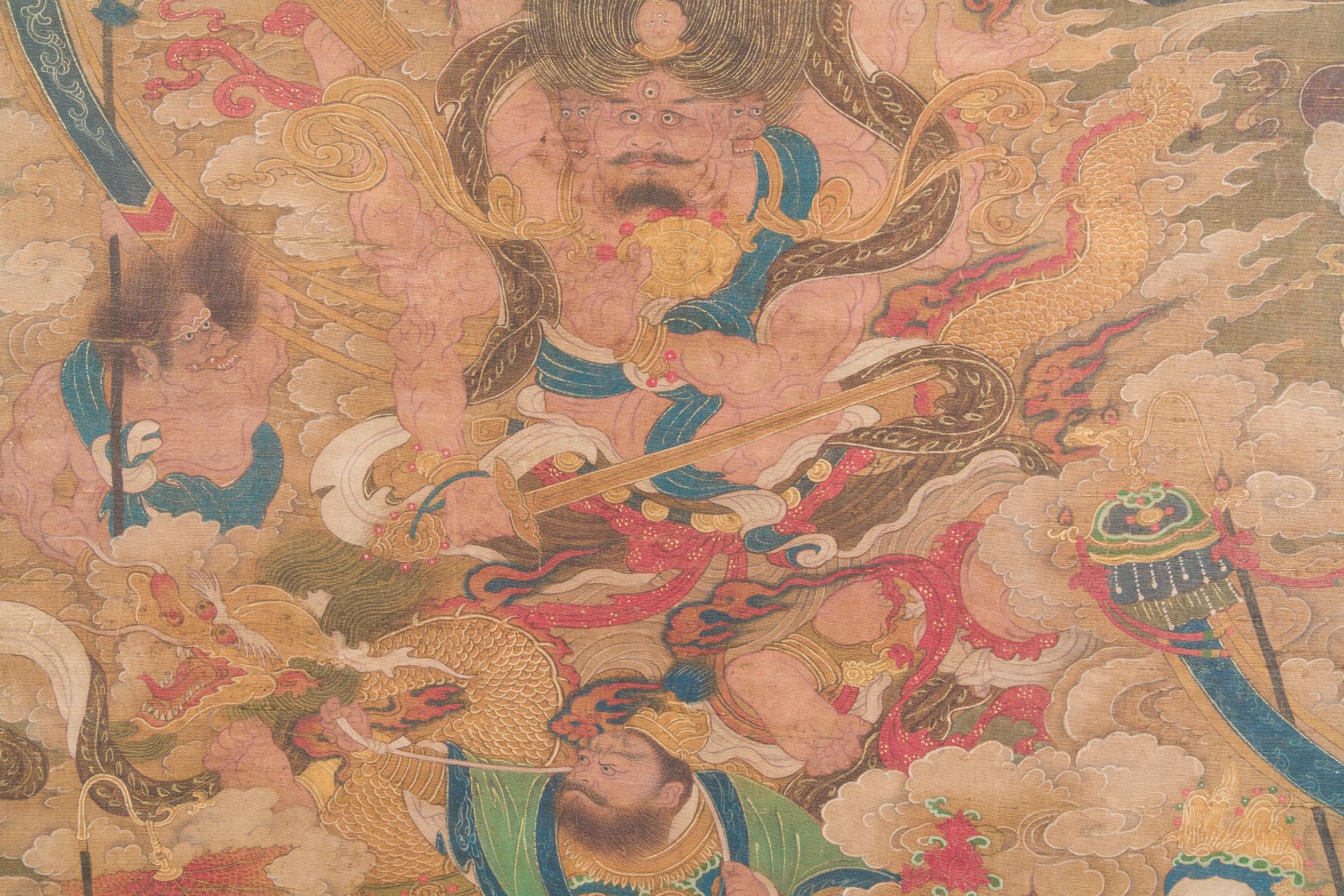 Chinese school: 'A sky full of Buddhist divinities', ink and colour on silk, 18th C. - Image 8 of 10