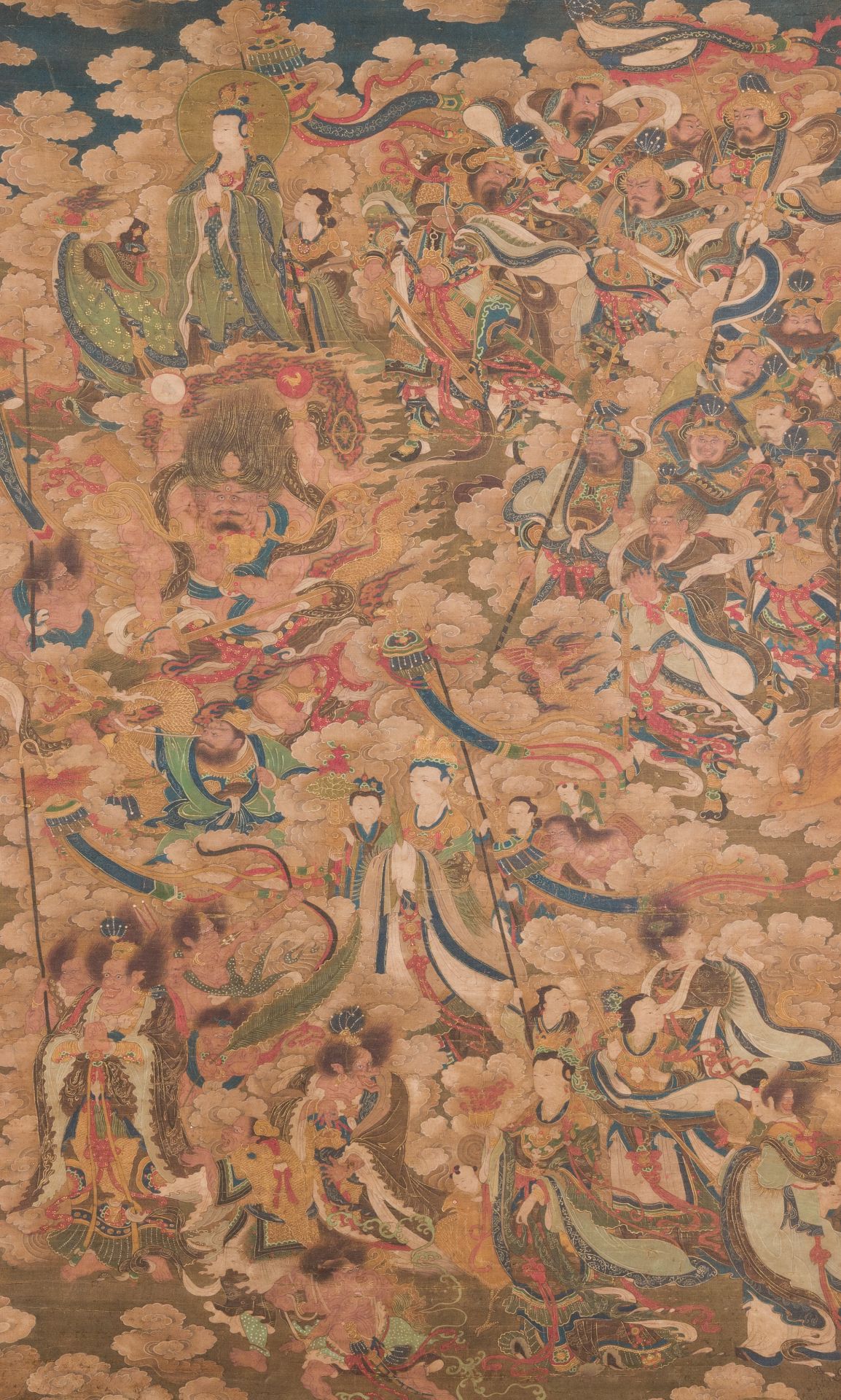 Chinese school: 'A sky full of Buddhist divinities', ink and colour on silk, 18th C.