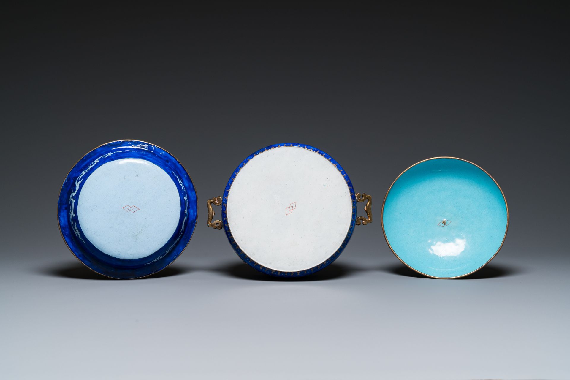 A Chinese Canton enamel three-piece warming bowl, Qianlong - Image 7 of 11