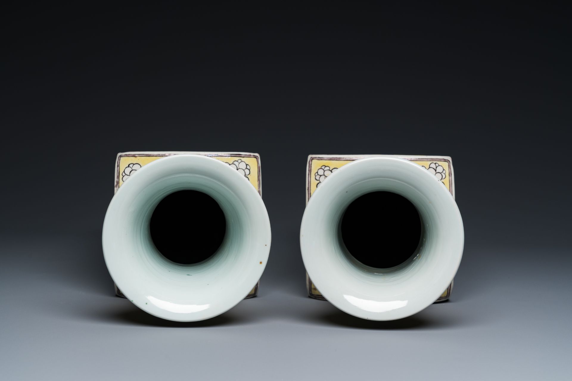A pair of Chinese square yellow-ground famille verte vases, Kangxi mark, 19th C. - Image 6 of 7