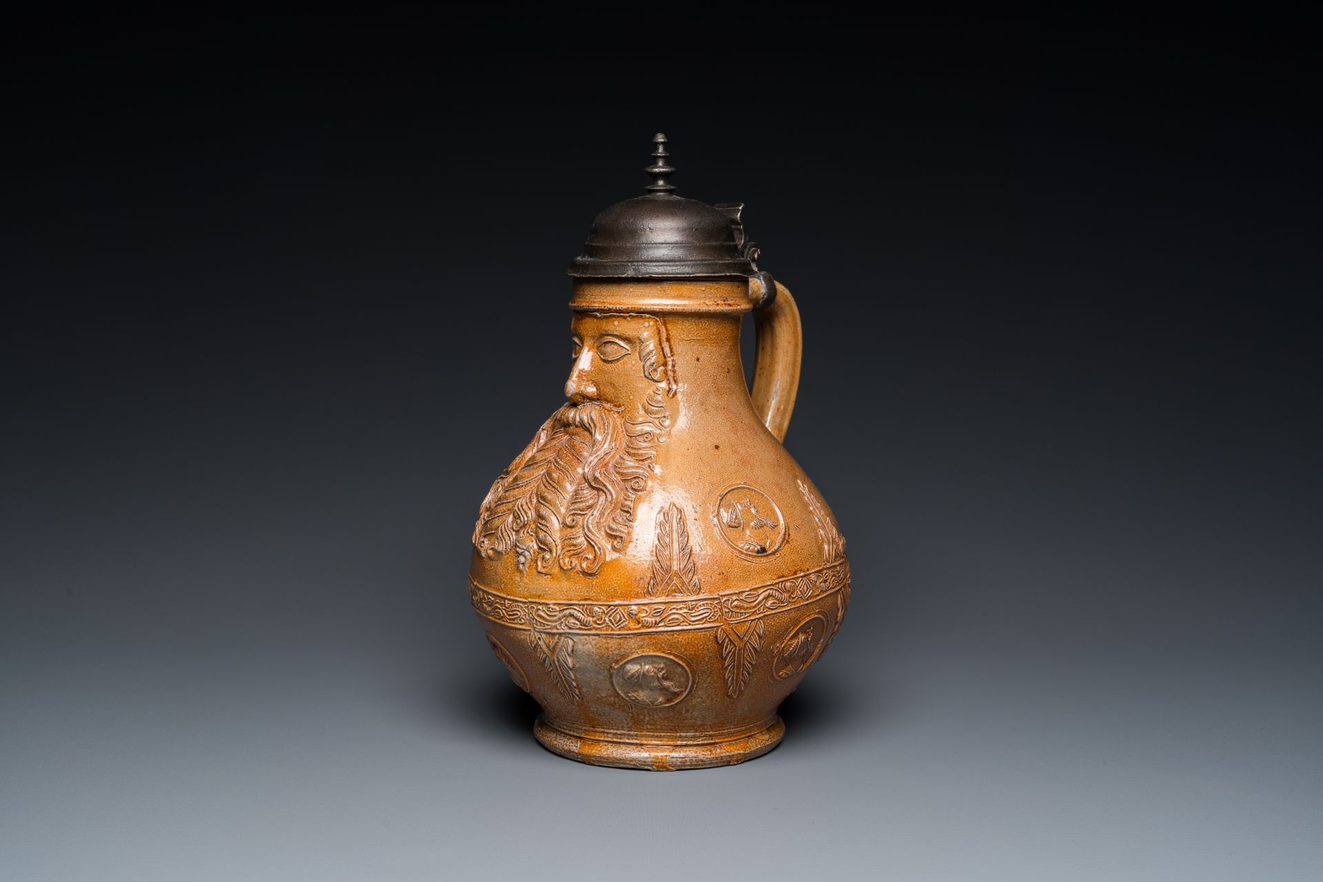 An exceptionally fine pewter-lidded stoneware bellarmine jug with portrait medallions, Cologne, Germ - Image 2 of 11