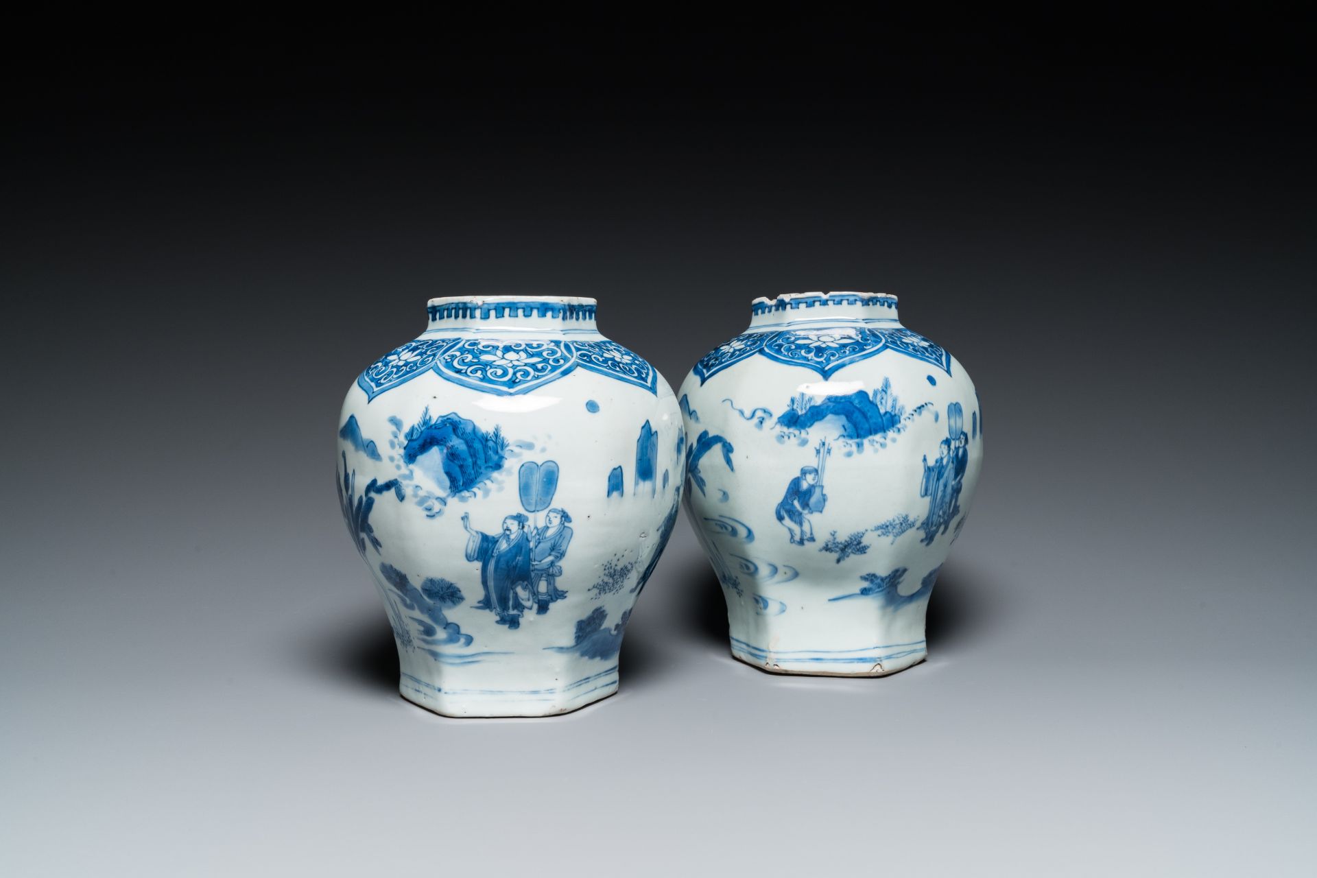 A pair of Chinese blue and white hexagonal vases, Transitional period