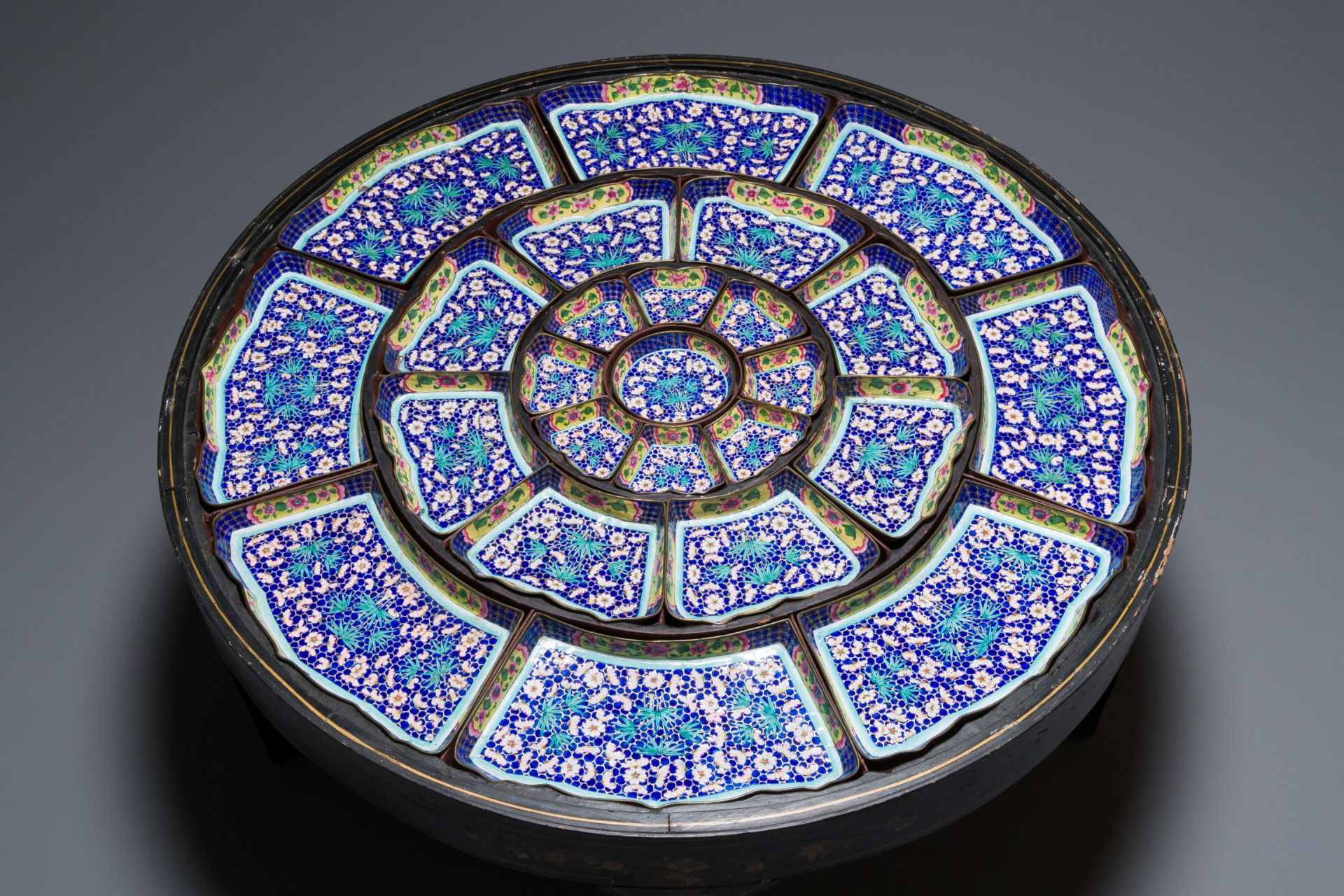 An exceptionally large Chinese Canton enamel rice table or sweetmeat set in its original Canton gilt - Image 6 of 15