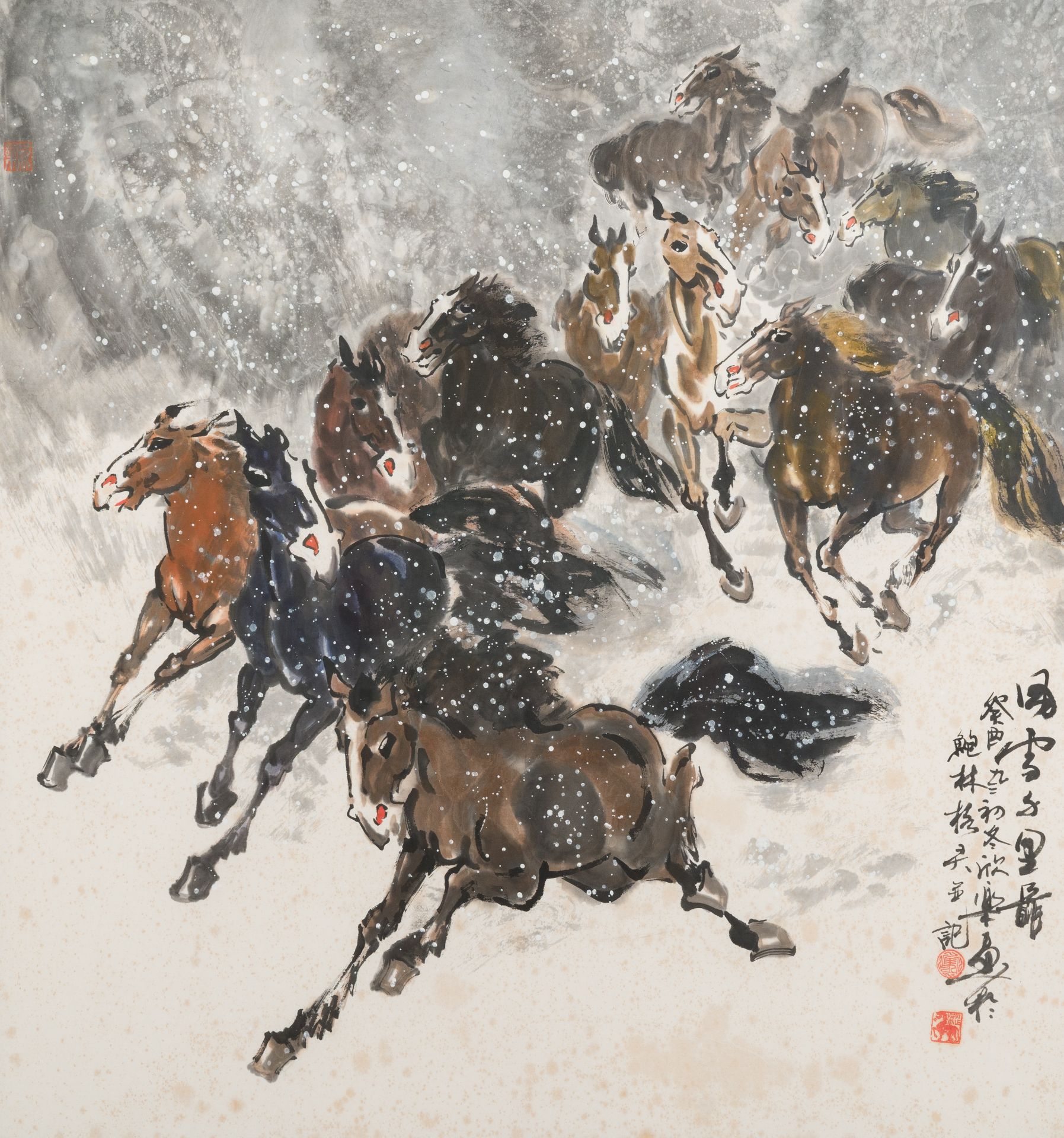 Ma Xinle 馬欣樂‚ (1963-): 'Twelve horses in the snow', ink and colour on paper, dated 1993