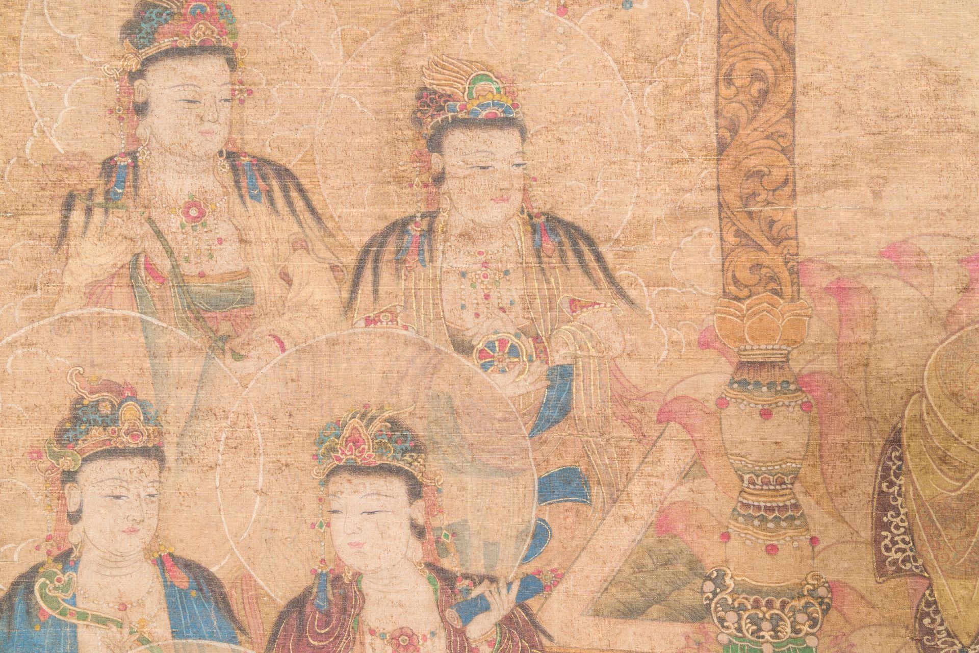 Chinese school: 'Buddha seated on a lotus throne', ink and colour on silk, 18/19th C. - Image 5 of 6
