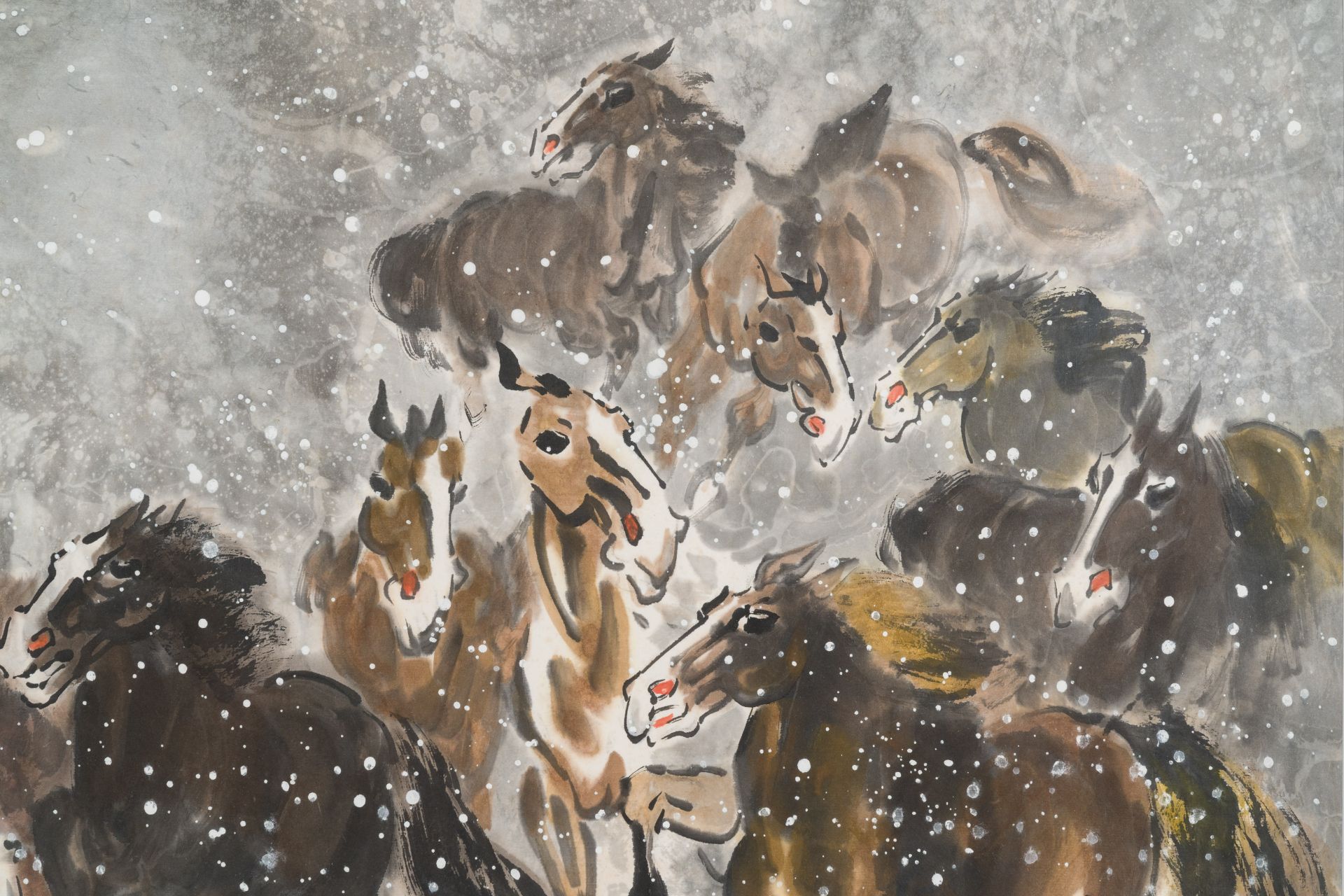 Ma Xinle 馬欣樂‚ (1963-): 'Twelve horses in the snow', ink and colour on paper, dated 1993 - Image 3 of 7