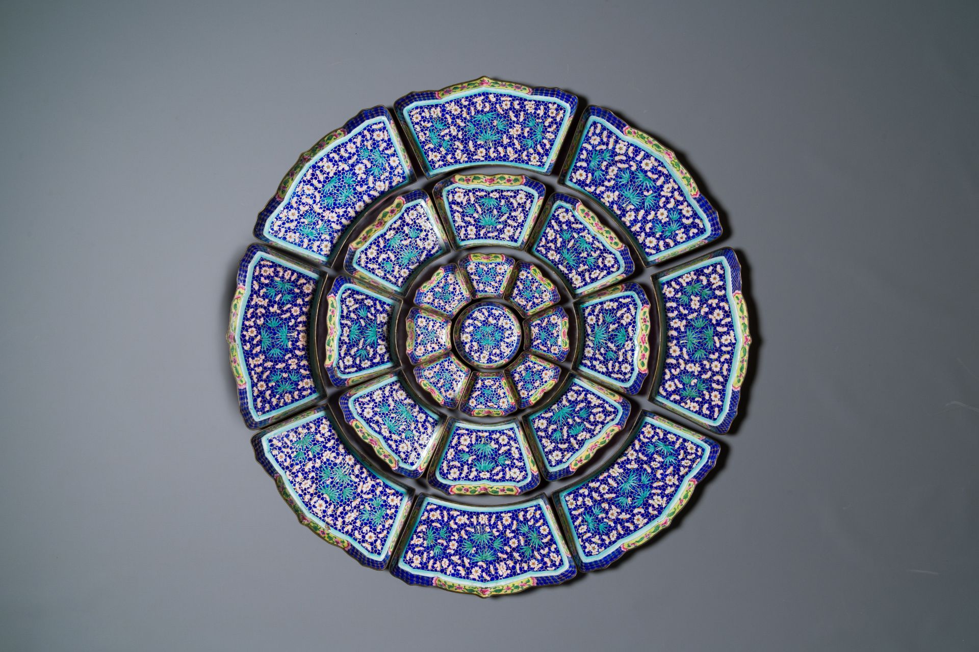 An exceptionally large Chinese Canton enamel rice table or sweetmeat set in its original Canton gilt - Image 2 of 15