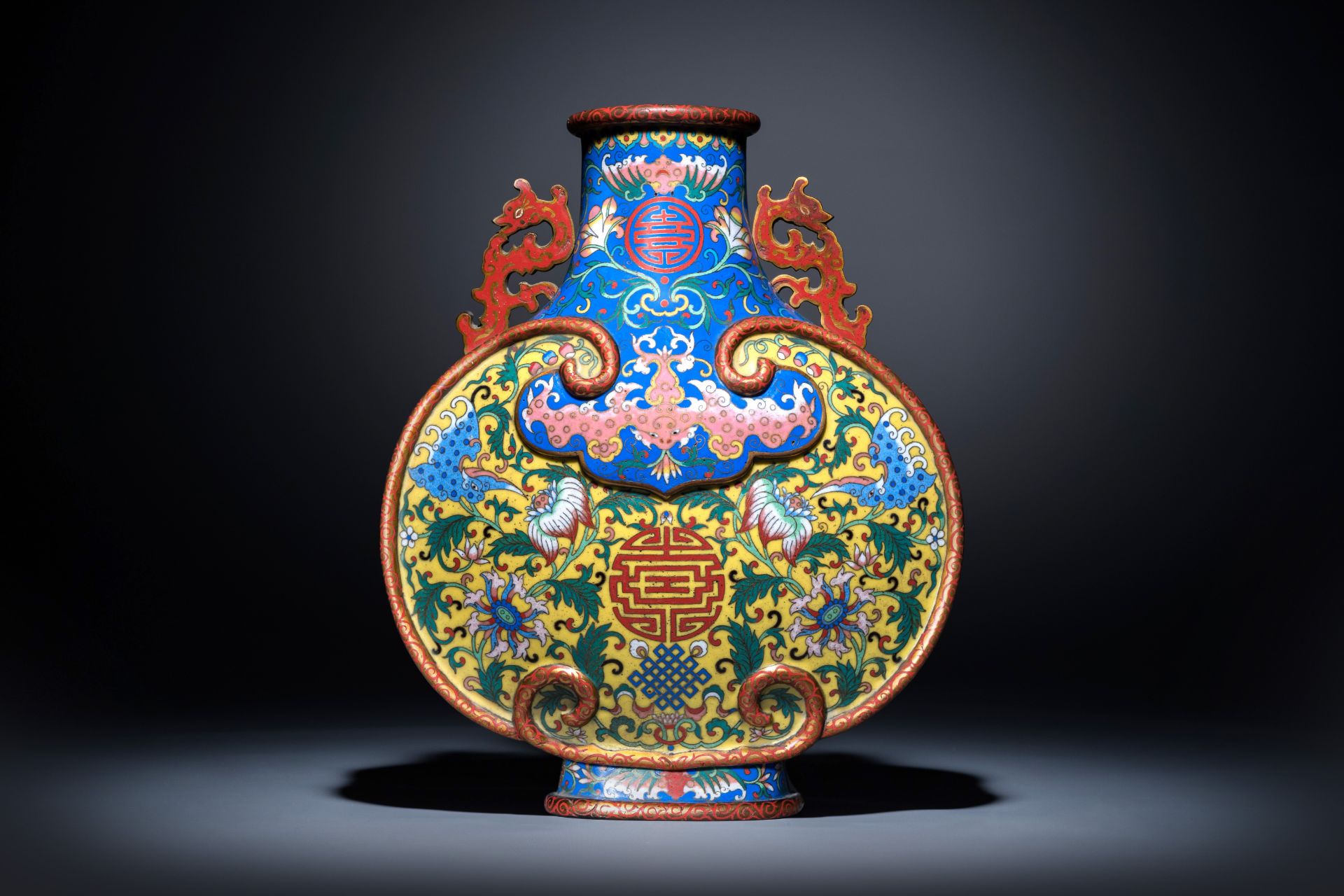 A Chinese cloisonne moonflask vase or 'bianhu' with Shou-characters on a yellow and blue ground, Jia