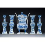 A large Chinese blue and white five-piece altar garniture, 19th C.