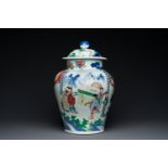 A large Chinese wucai 'Guo Ziyi's birthday' vase and cover, Transitional period