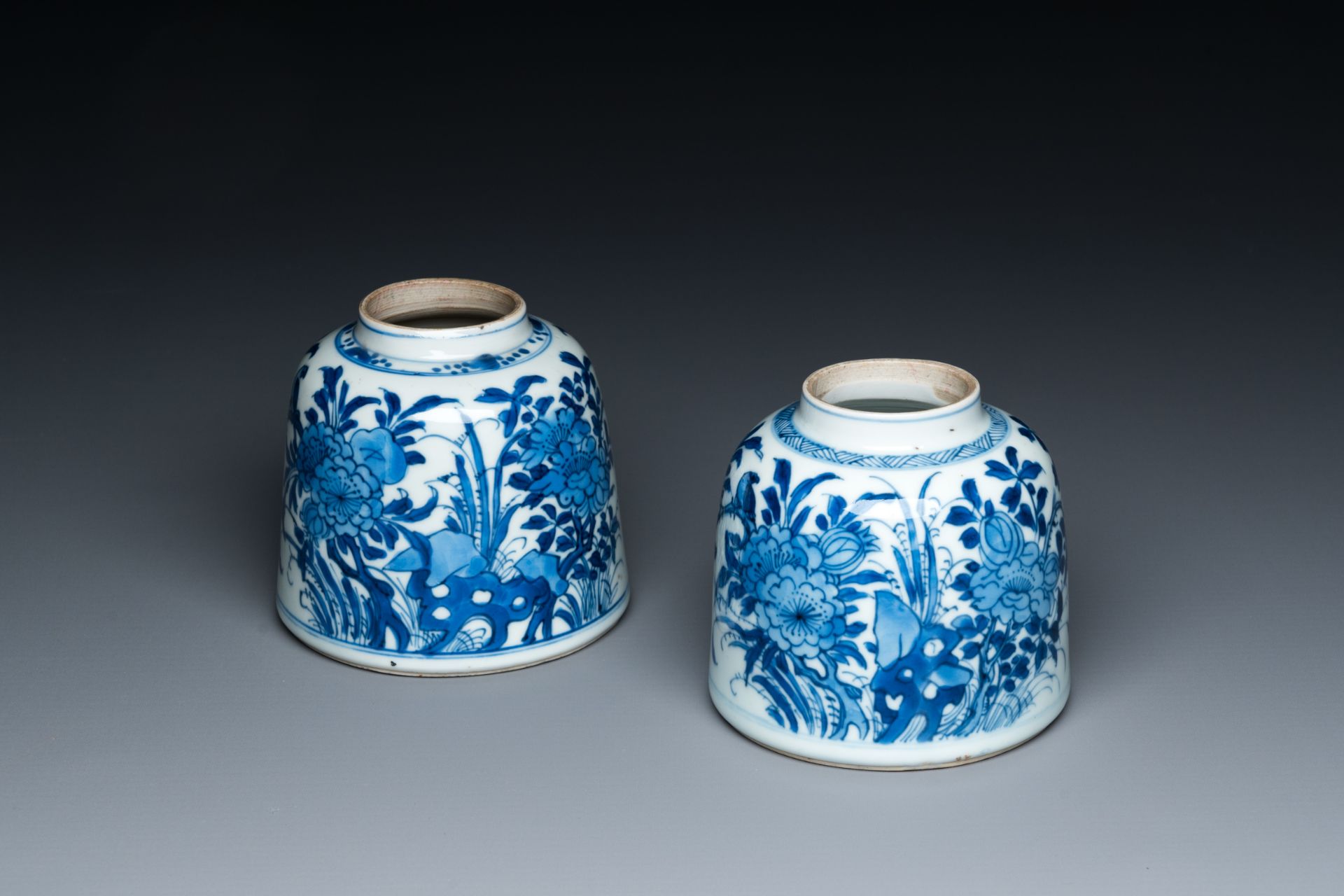 A pair of Chinese blue and white bell-shaped water pots, Kangxi