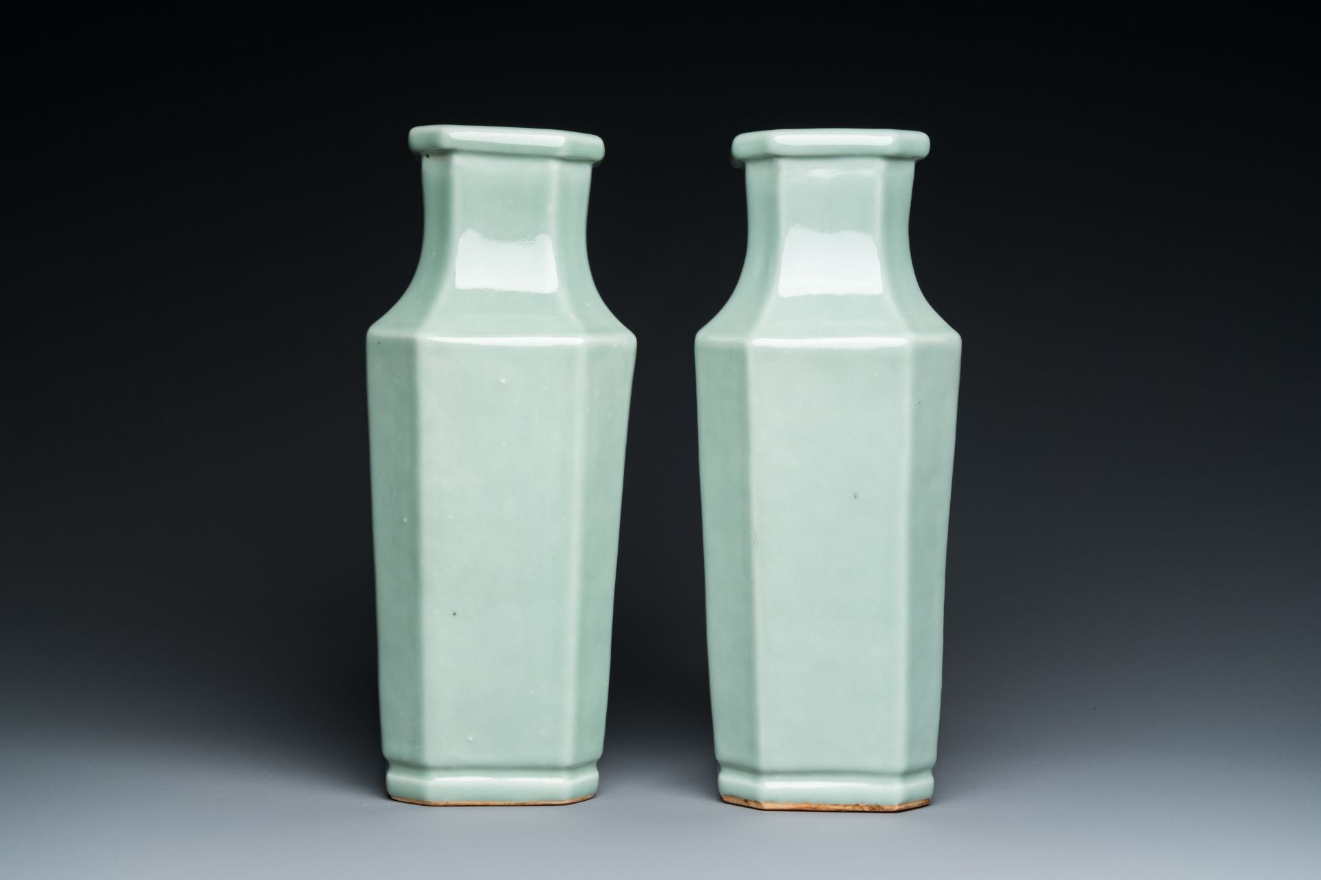 A pair of Chinese monochrome celadon-glazed vases, Xuantong mark and of the period - Image 3 of 6