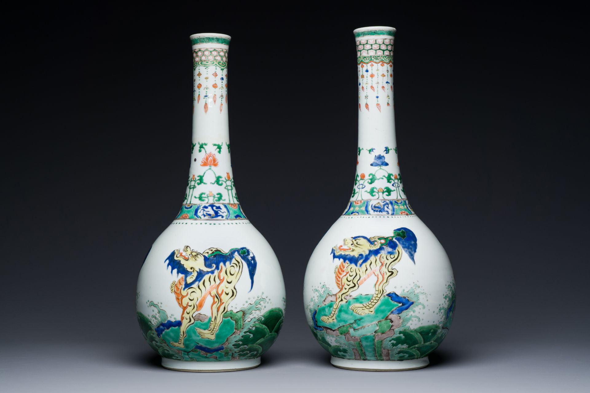 A pair of large Chinese famille verte 'mythic animals' vases, Kangxi - Image 3 of 8