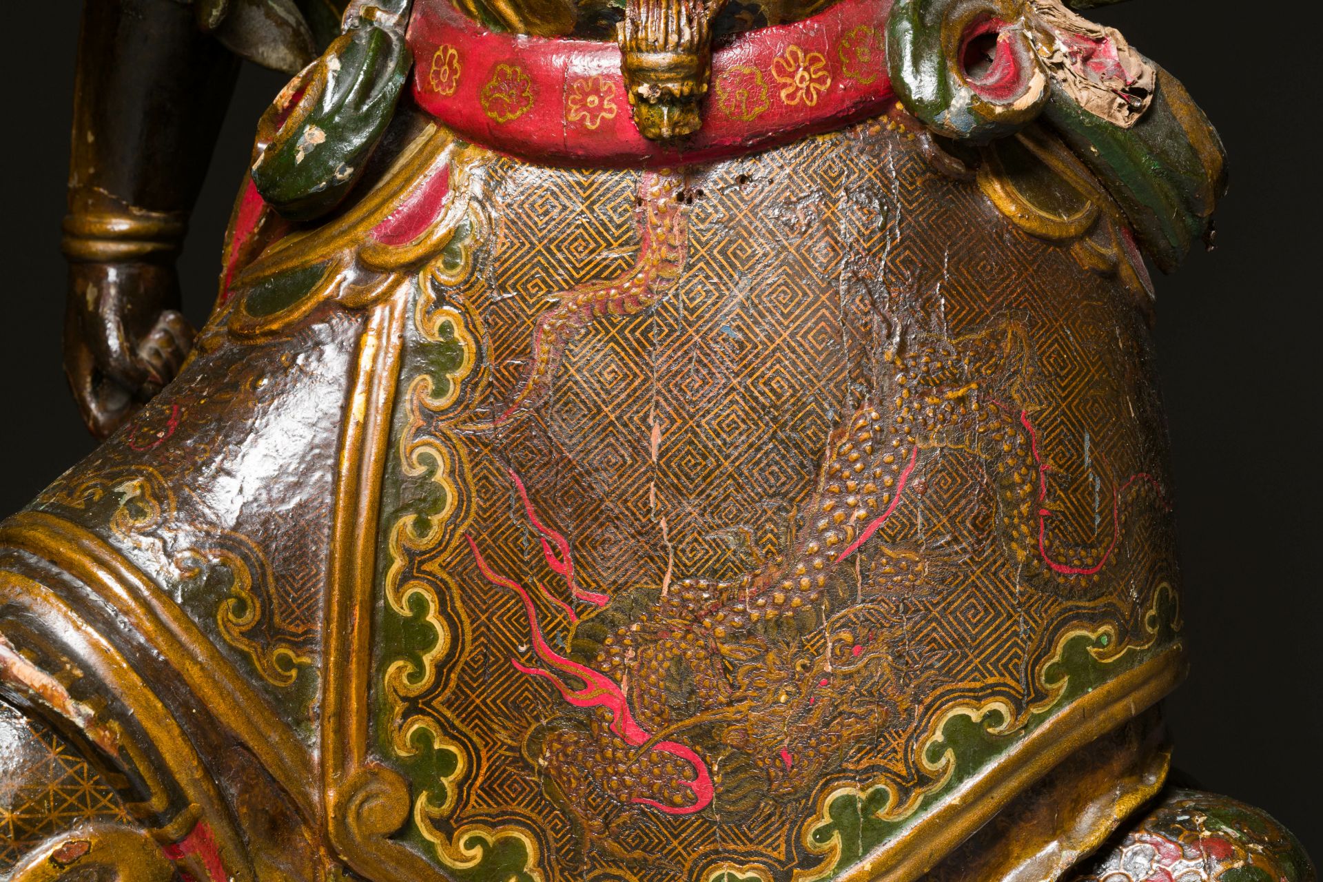 A large Japanese polychromed and gilt-lacquered wood figure of a divine general, Edo, dated 1623 - Image 16 of 23