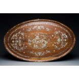 An extremely large Chinese mother-of-pearl-inlaid wooden tray with a central pavillion design, 19th