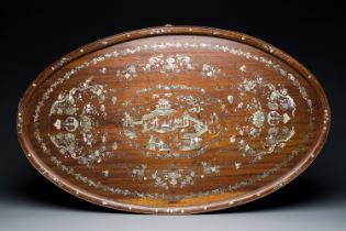 An extremely large Chinese mother-of-pearl-inlaid wooden tray with a central pavillion design, 19th
