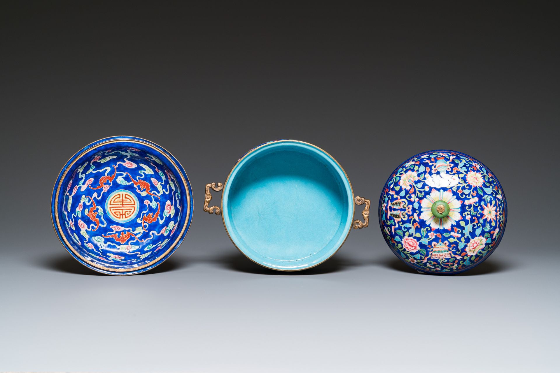 A Chinese Canton enamel three-piece warming bowl, Qianlong - Image 6 of 11