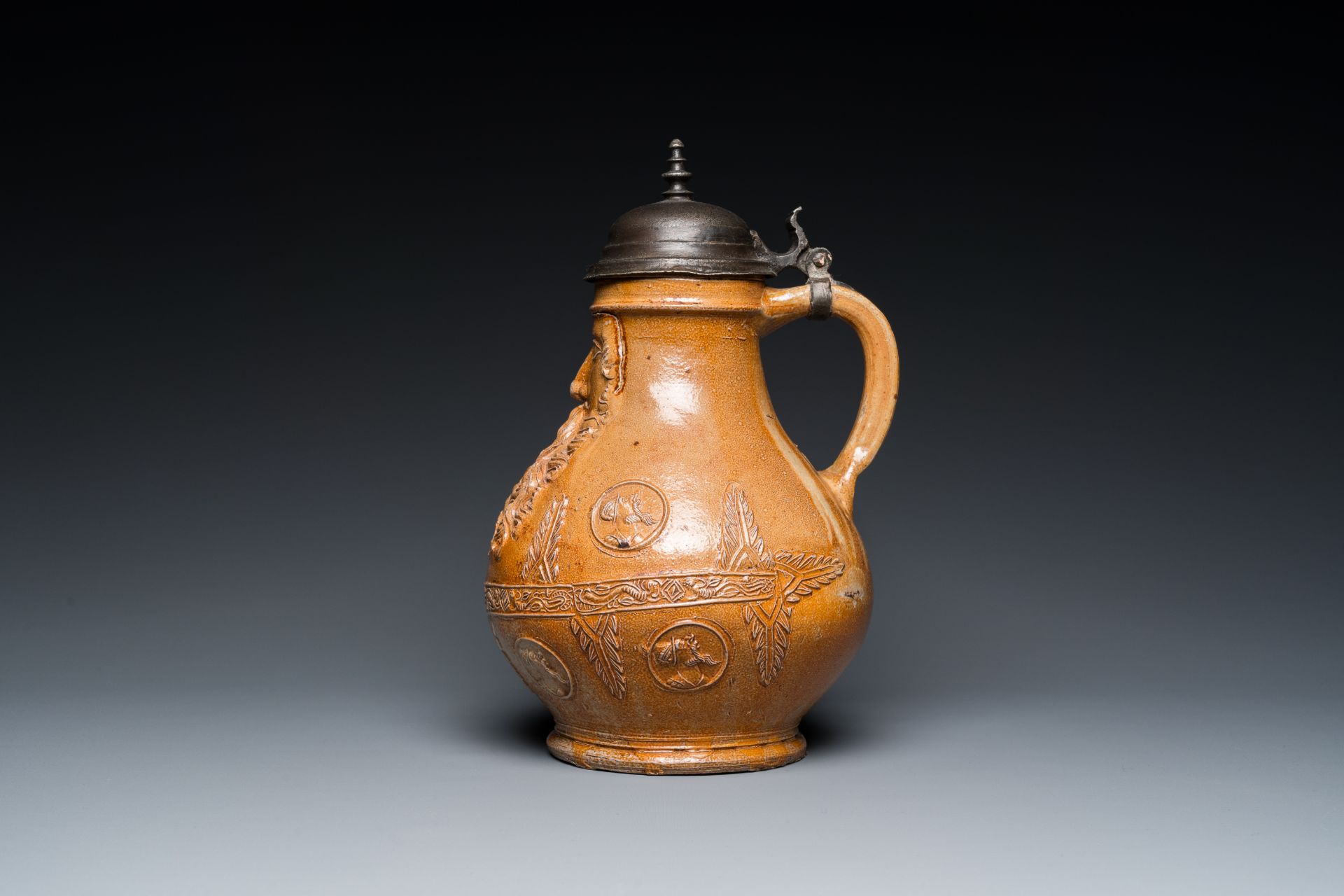 An exceptionally fine pewter-lidded stoneware bellarmine jug with portrait medallions, Cologne, Germ - Image 3 of 11