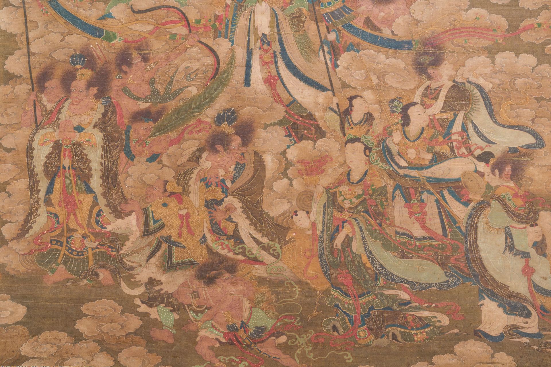 Chinese school: 'A sky full of Buddhist divinities', ink and colour on silk, 18th C. - Image 5 of 10