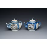 A pair of Chinese reticulated and double-walled blue and white teapots, Transitional period