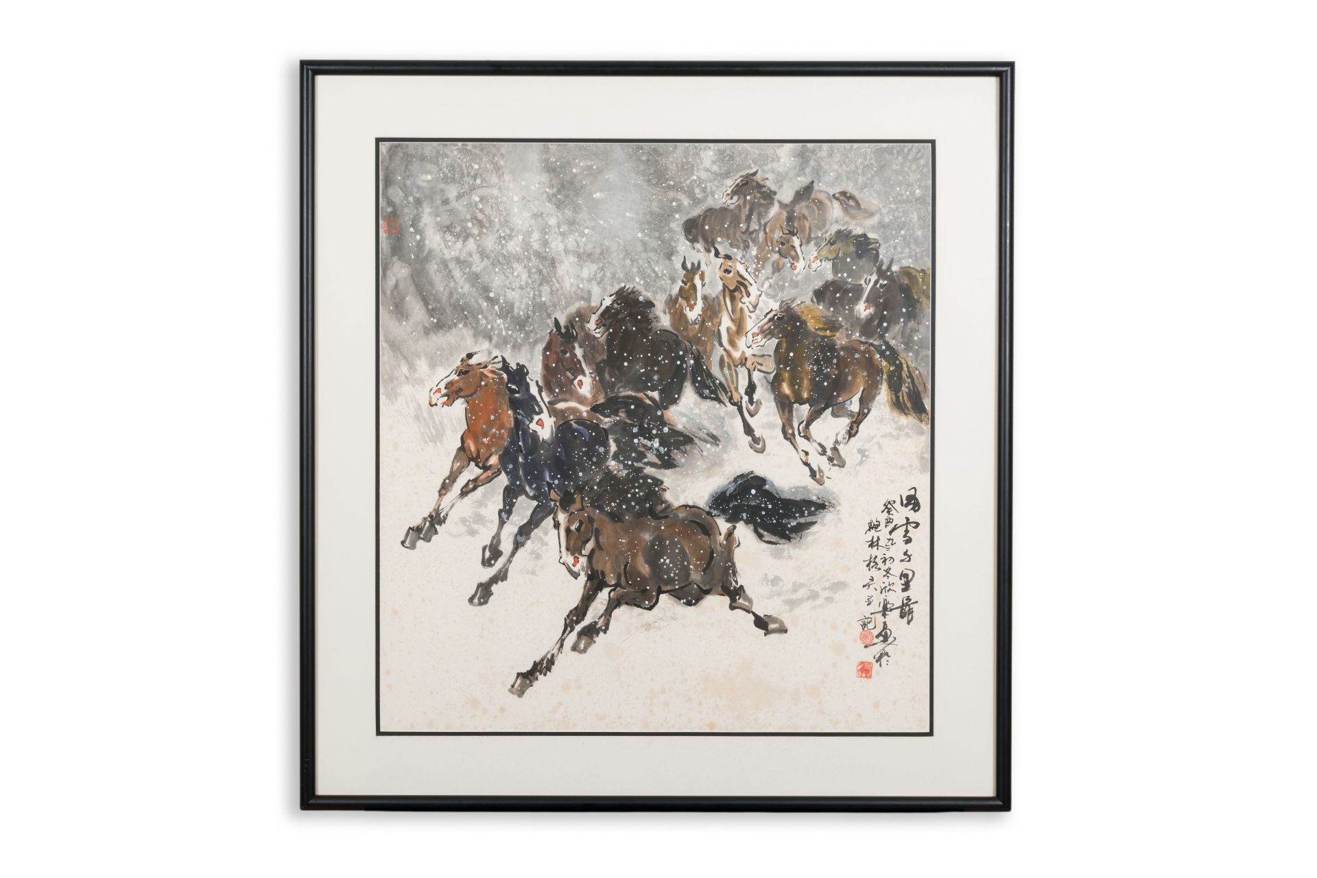 Ma Xinle 馬欣樂‚ (1963-): 'Twelve horses in the snow', ink and colour on paper, dated 1993 - Image 2 of 7