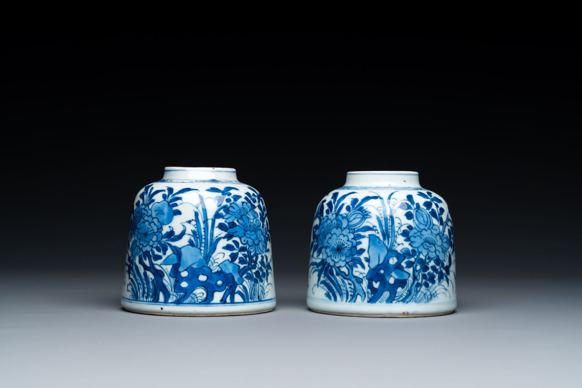 A pair of Chinese blue and white bell-shaped water pots, Kangxi - Image 3 of 8