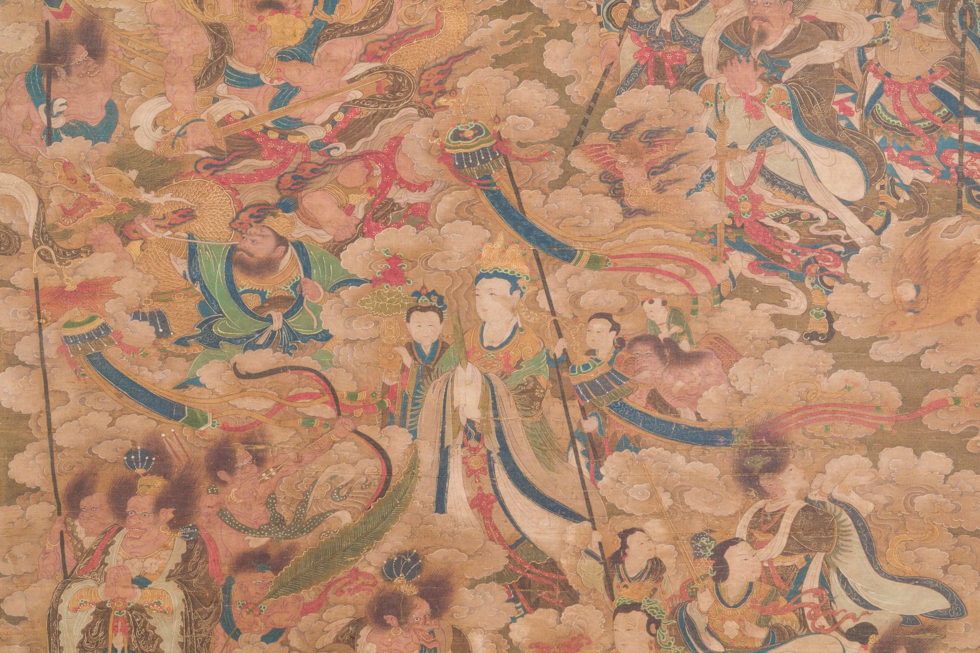 Chinese school: 'A sky full of Buddhist divinities', ink and colour on silk, 18th C. - Image 4 of 10