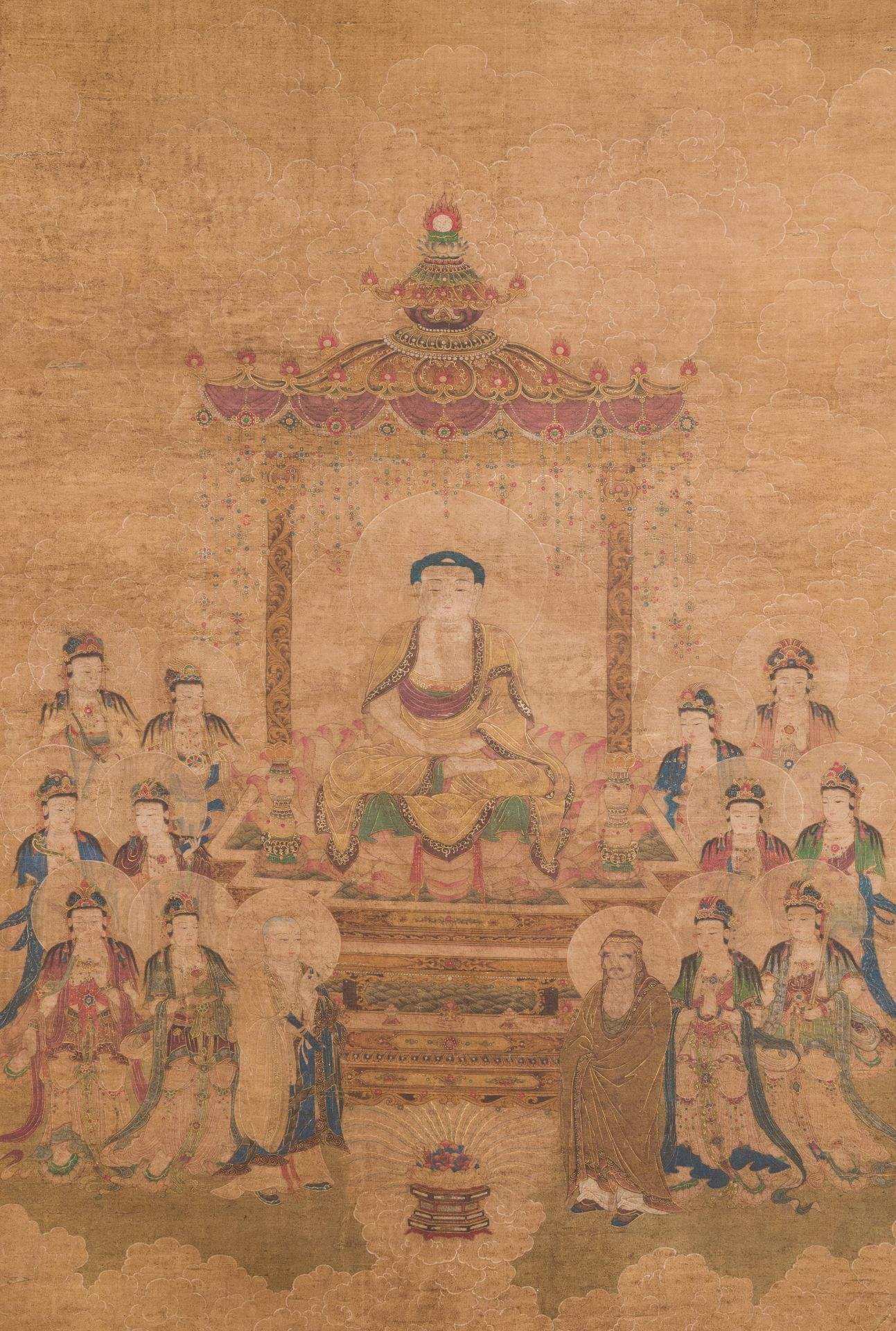 Chinese school: 'Buddha seated on a lotus throne', ink and colour on silk, 18/19th C. - Image 3 of 6