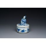 A Chinese blue and white ko-sometsuke incense burner for the Japanese market with a pipe smoker on t