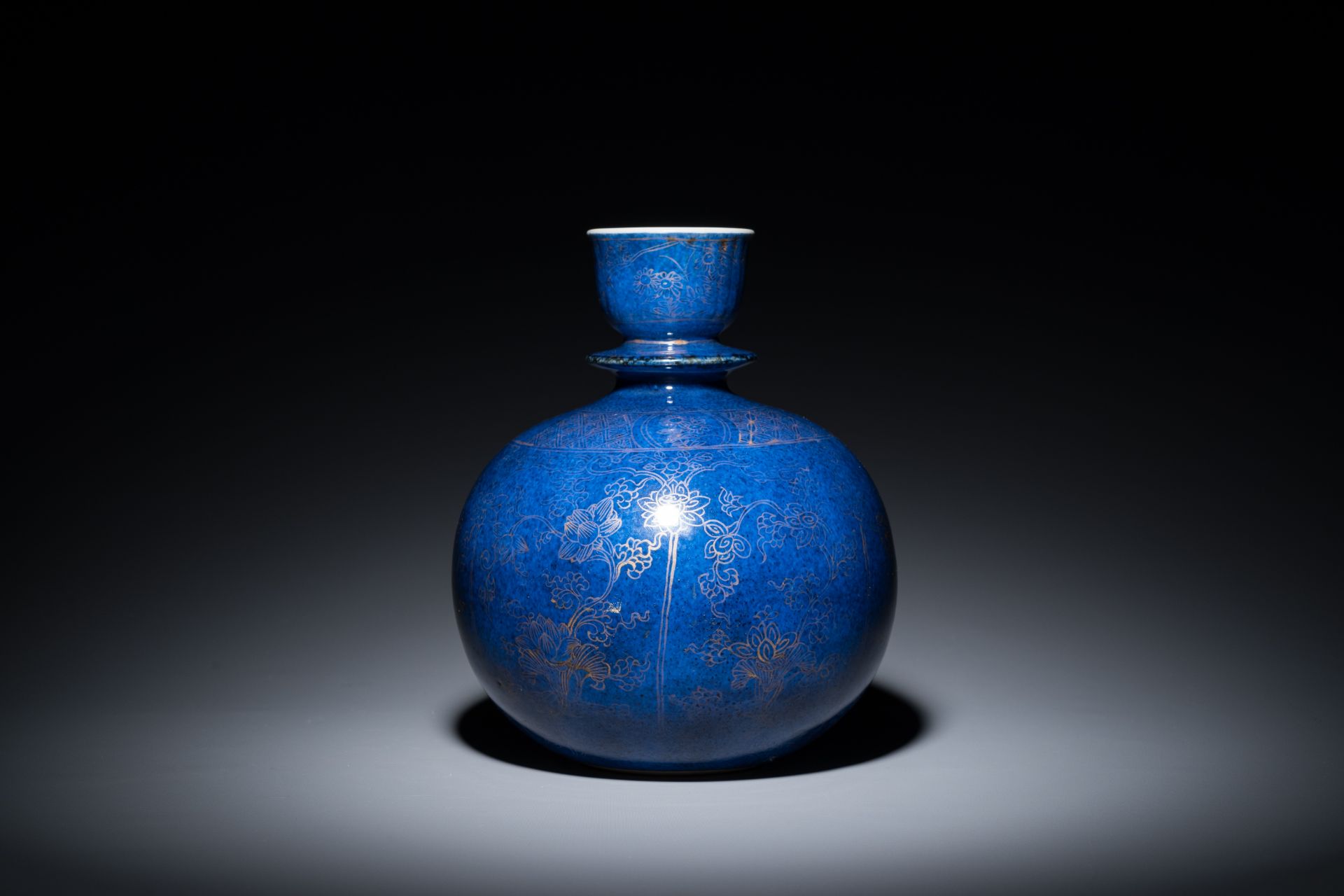 A Chinese monochrome powder-blue-glazed hookah base with gilt design of lotus scrolls, Kangxi - Image 4 of 6