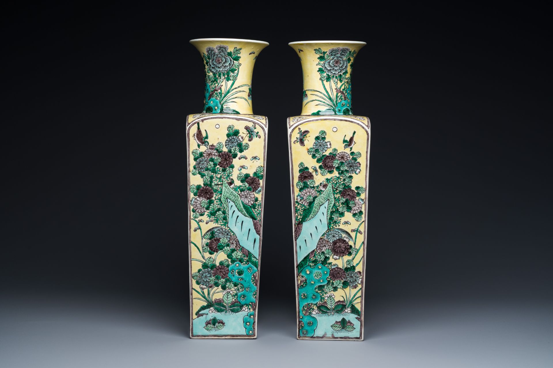 A pair of Chinese square yellow-ground famille verte vases, Kangxi mark, 19th C. - Image 3 of 7