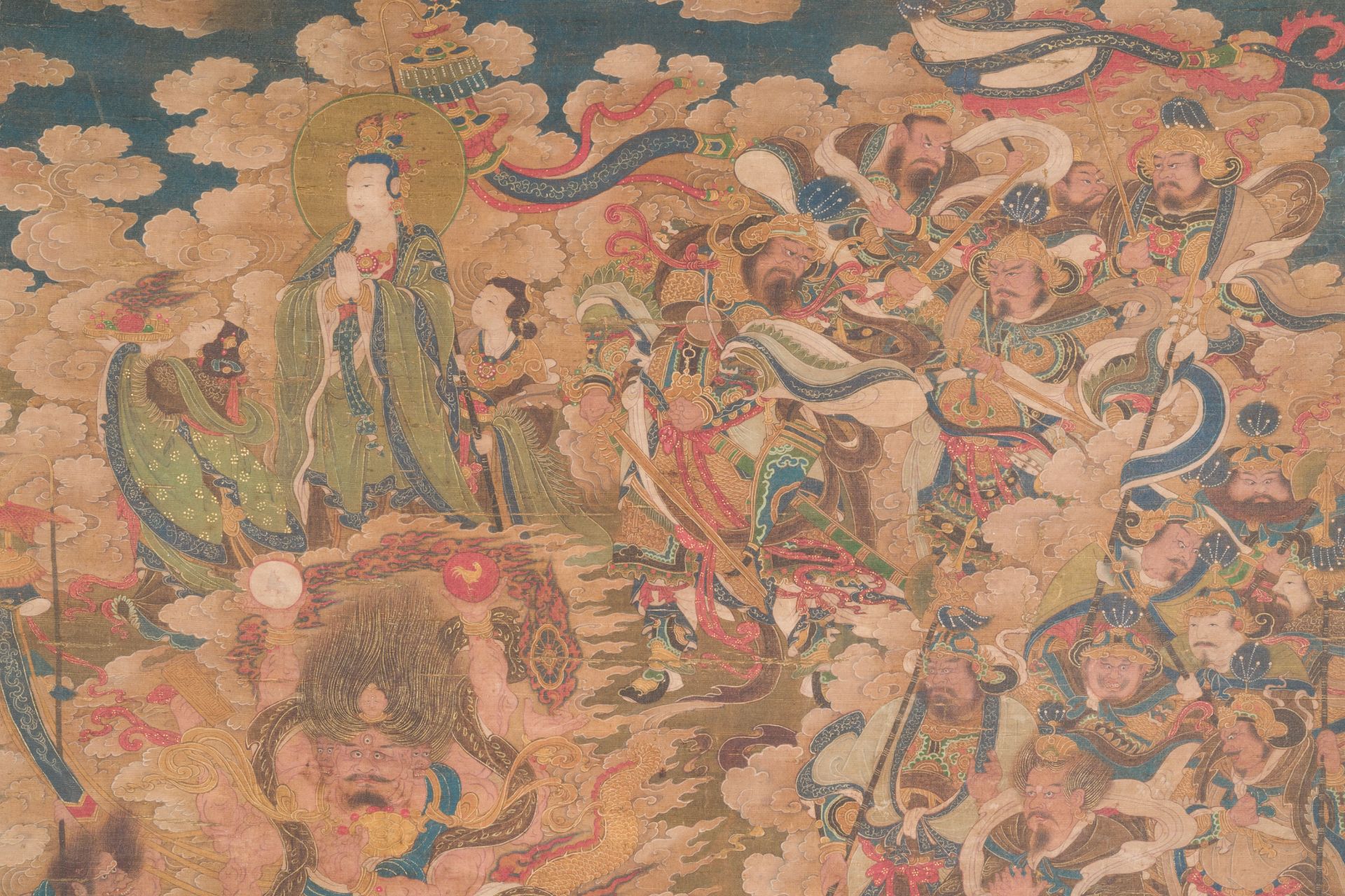 Chinese school: 'A sky full of Buddhist divinities', ink and colour on silk, 18th C. - Image 2 of 10