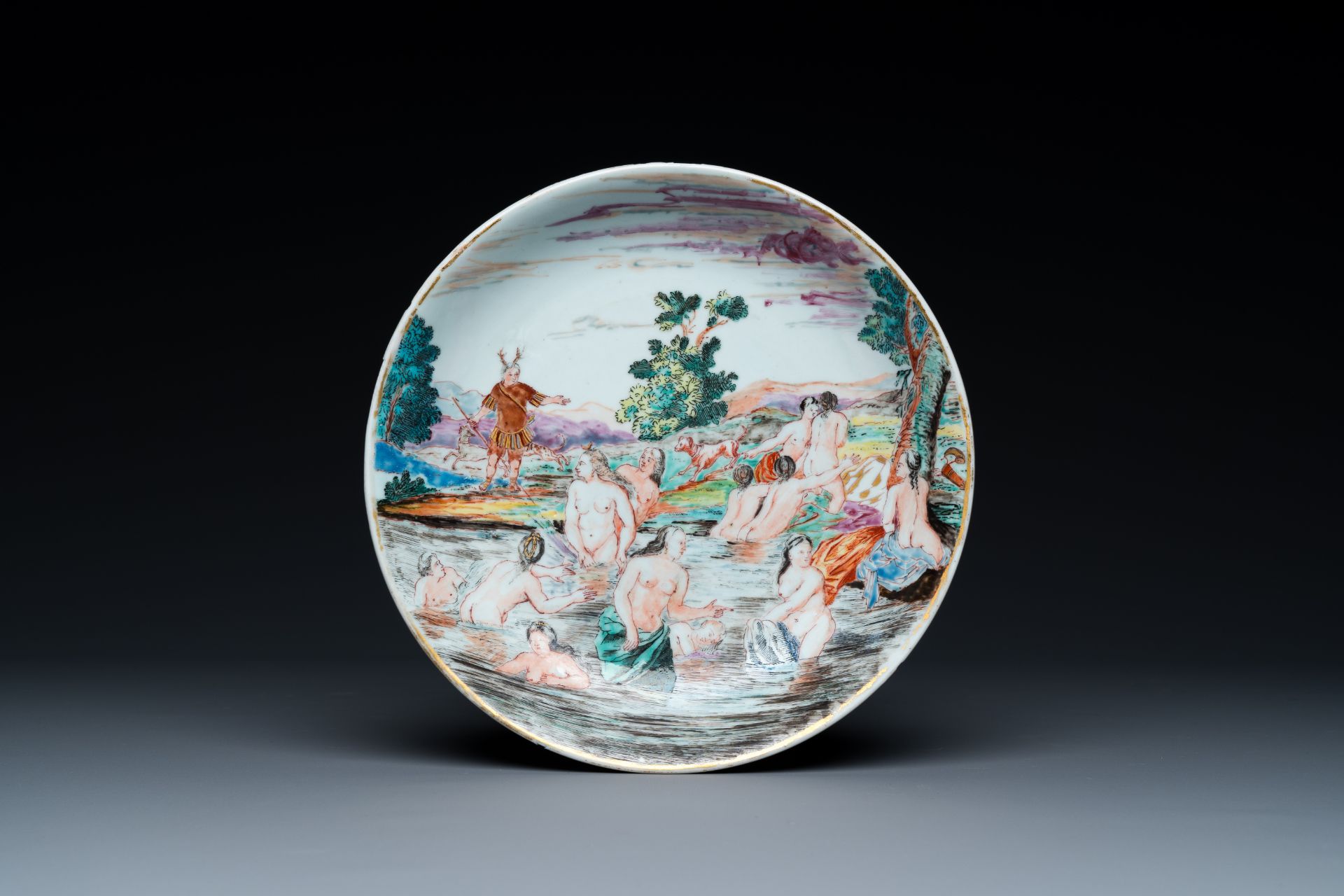 A rare Dutch-decorated Chinese eggshell 'Diana and Actaeon' plate with Dutch inscription on the back