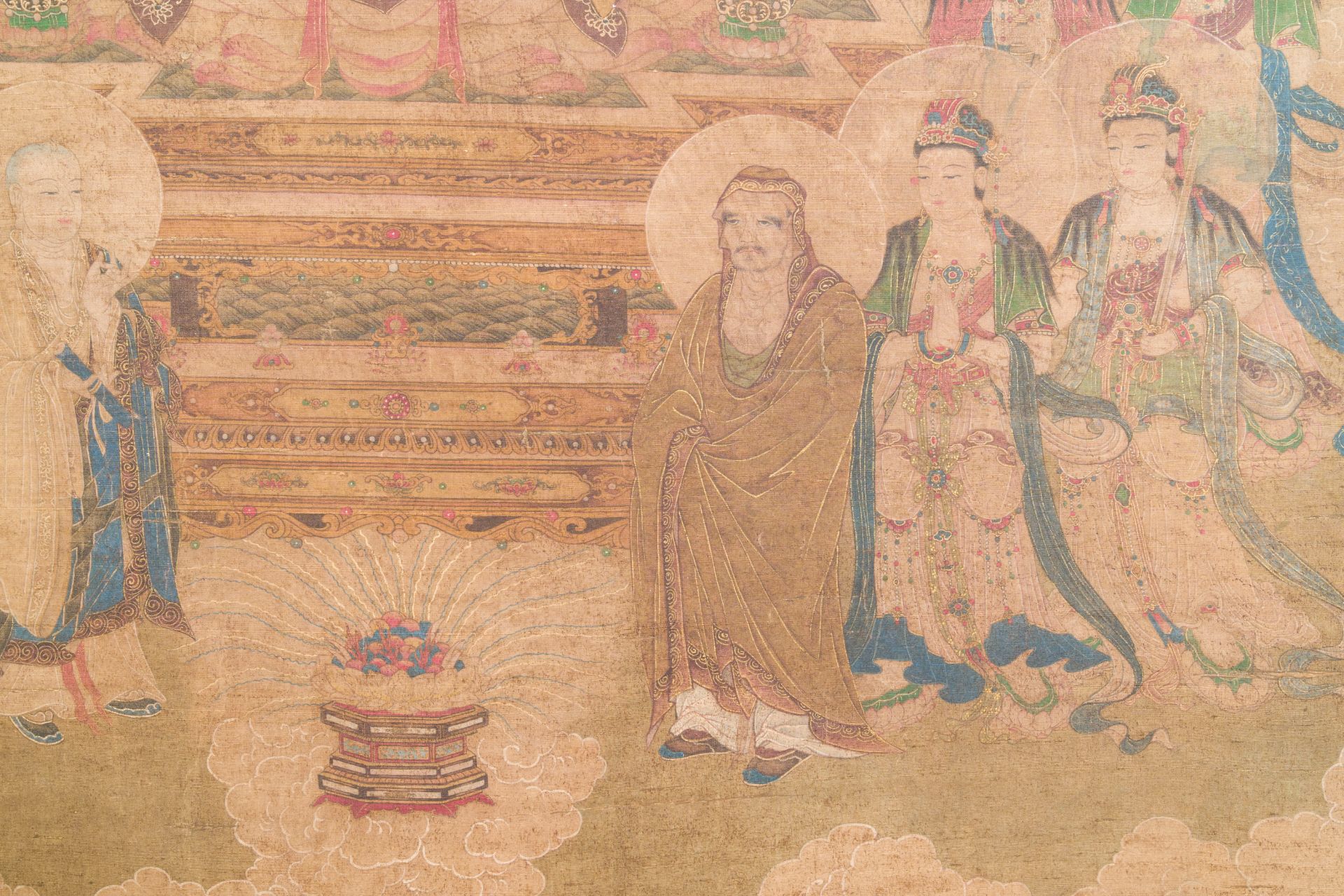 Chinese school: 'Buddha seated on a lotus throne', ink and colour on silk, 18/19th C. - Image 6 of 6