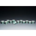 Twelve Chinese turquoise-ground grisaille-decorated Dayazhai wine cups, Yong Qing Chang Chun mark