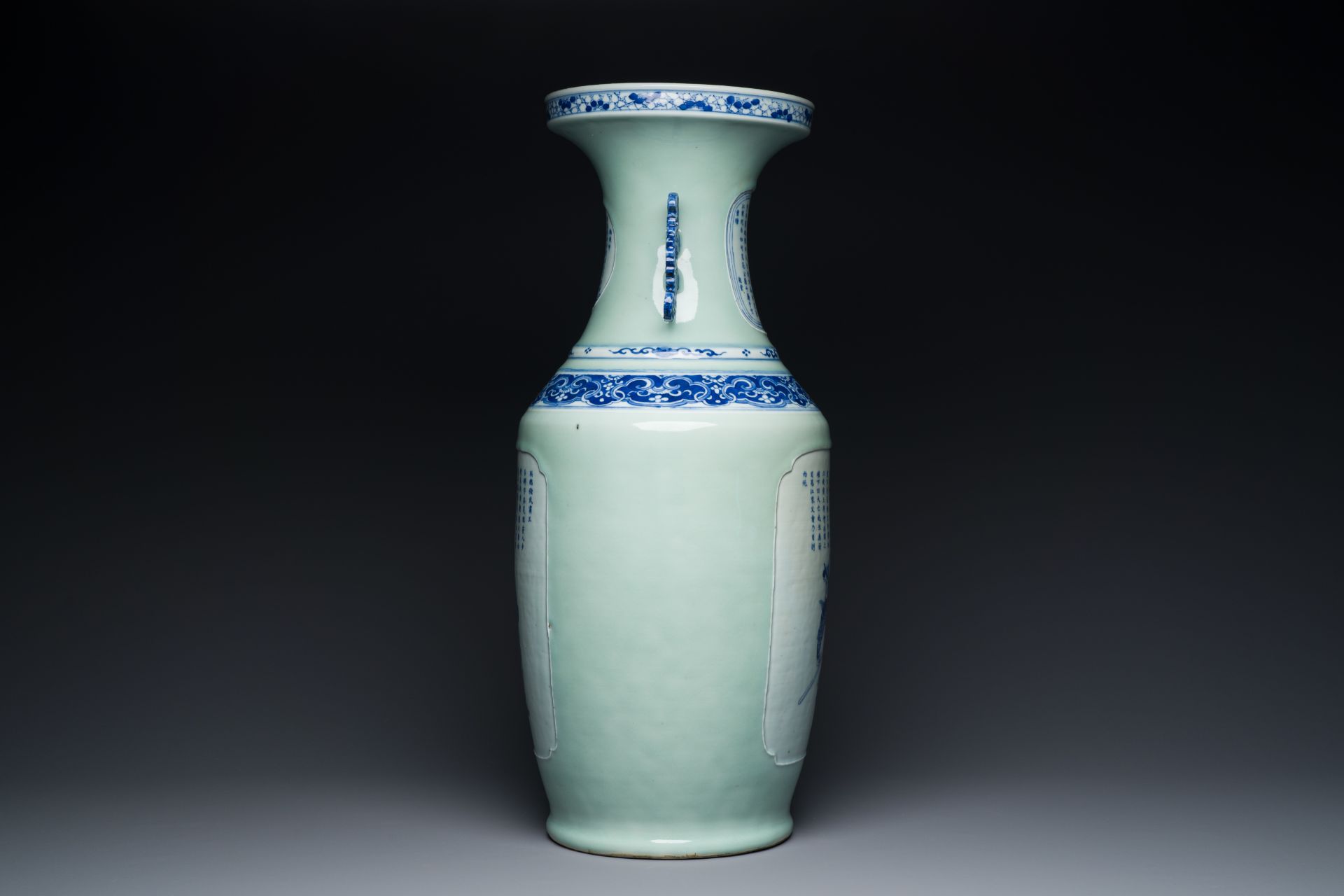 A rare Chinese blue and white celadon-ground 'Wu Shuang Pu' vase, 19th C. - Image 4 of 6