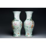 A fine pair of Chinese famille rose vases with a musician playing the qin, Qianlong mark, Republic