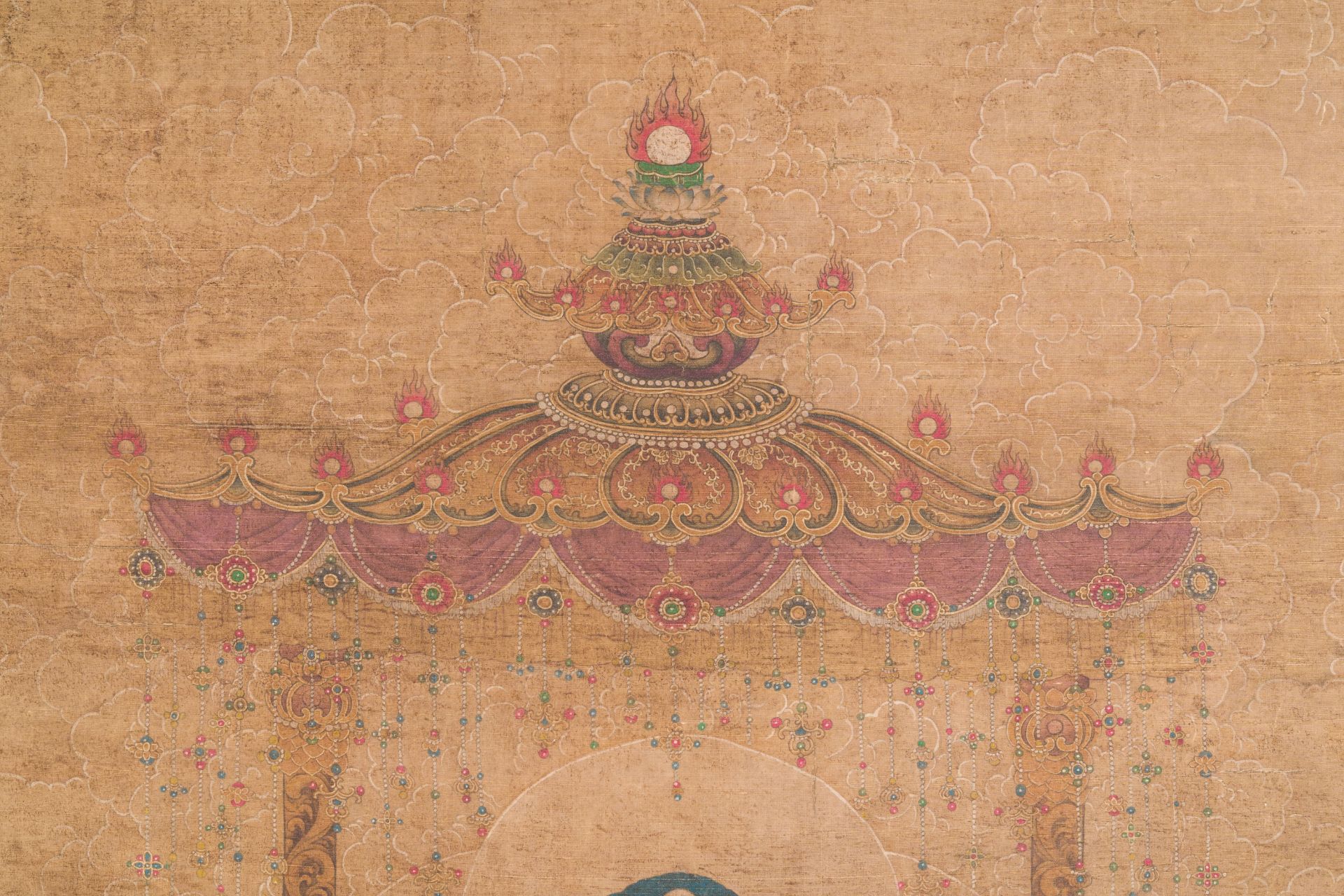 Chinese school: 'Buddha seated on a lotus throne', ink and colour on silk, 18/19th C. - Image 4 of 6