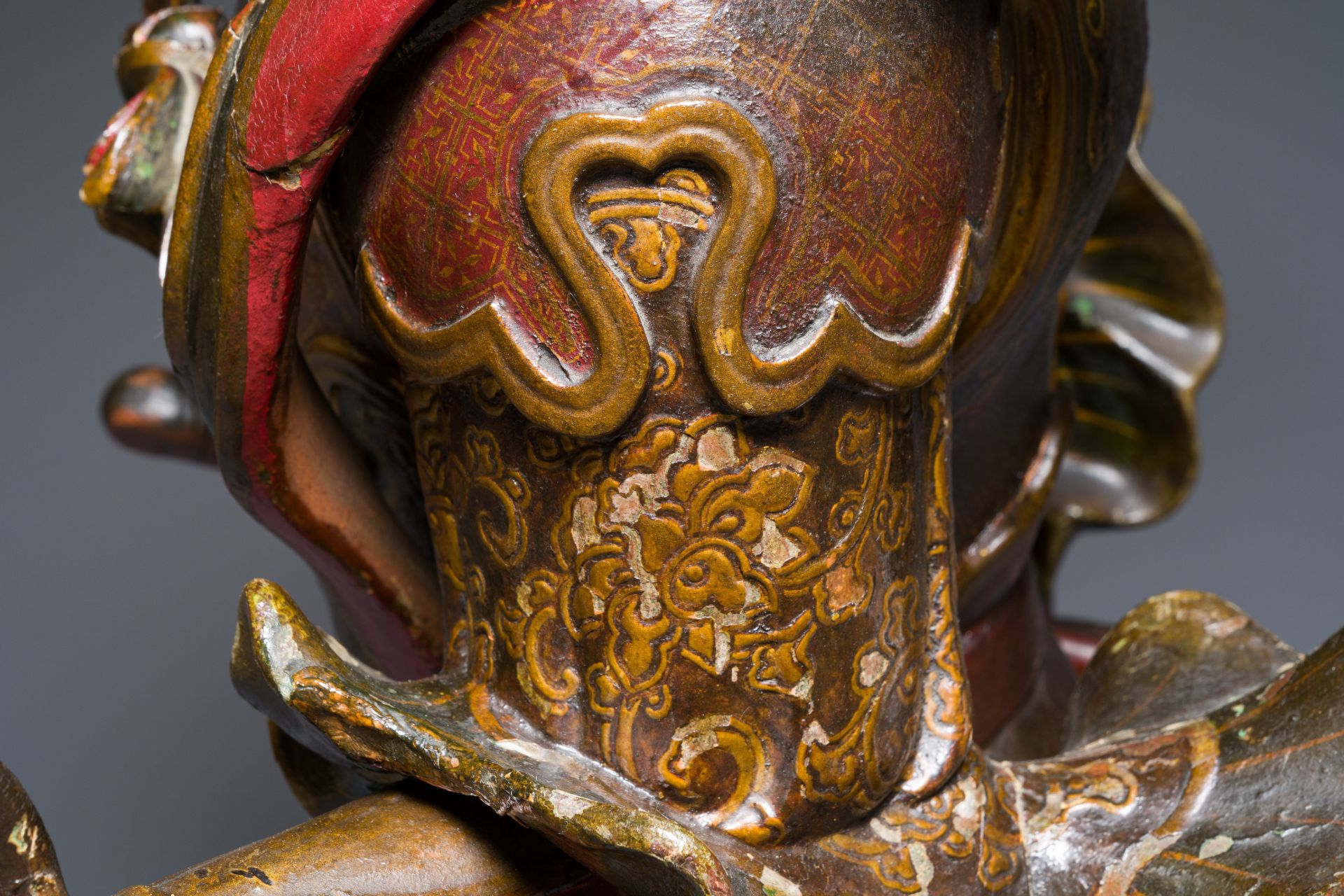 A large Japanese polychromed and gilt-lacquered wood figure of a divine general, Edo, dated 1623 - Image 8 of 23