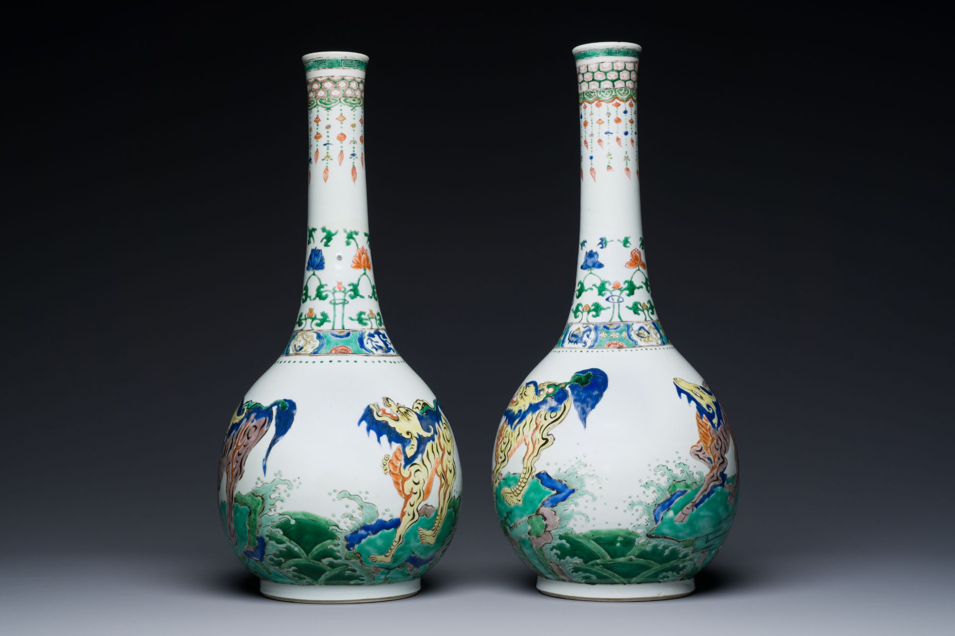 A pair of large Chinese famille verte 'mythic animals' vases, Kangxi - Image 6 of 8