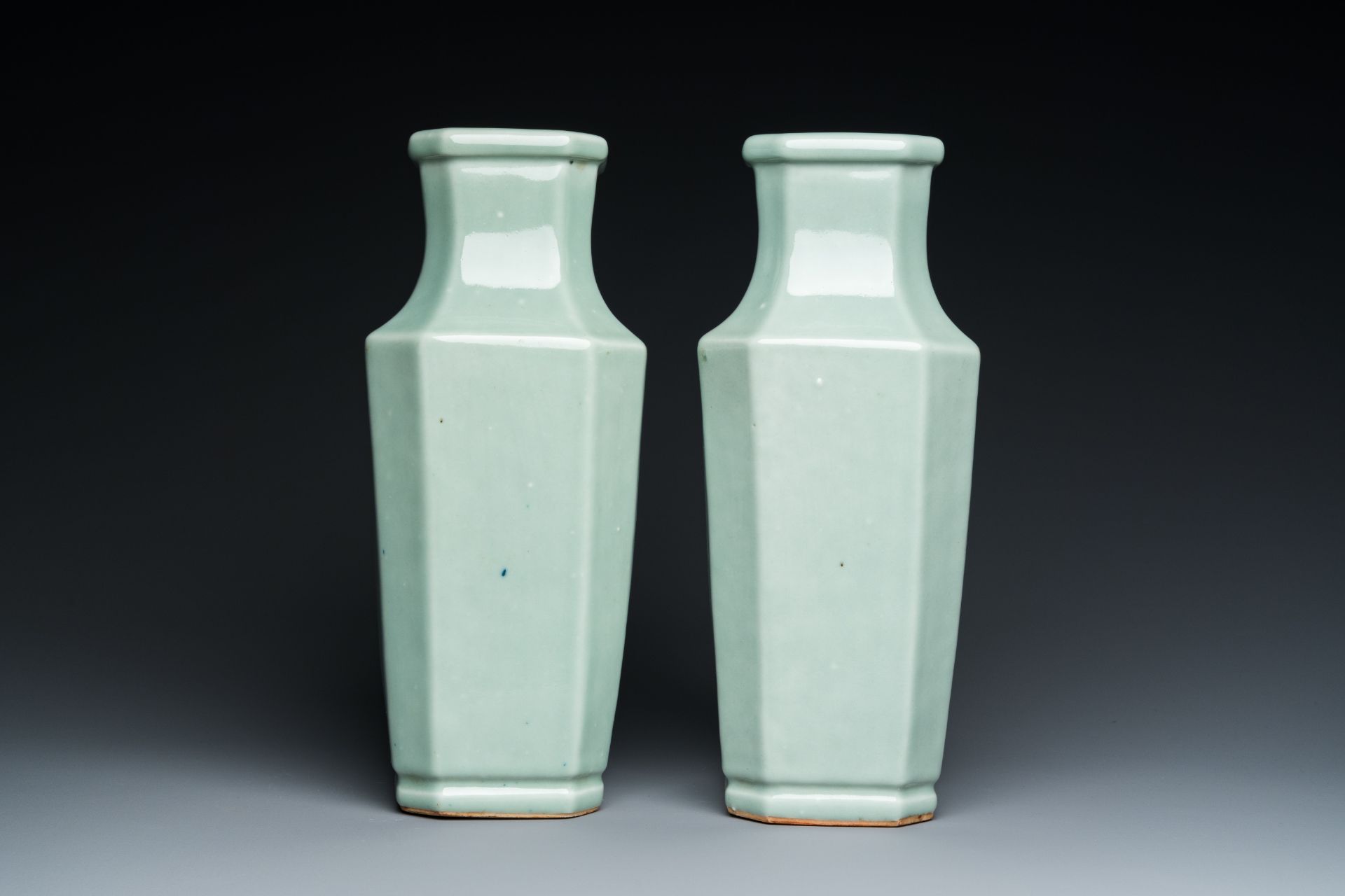 A pair of Chinese monochrome celadon-glazed vases, Xuantong mark and of the period - Image 2 of 6