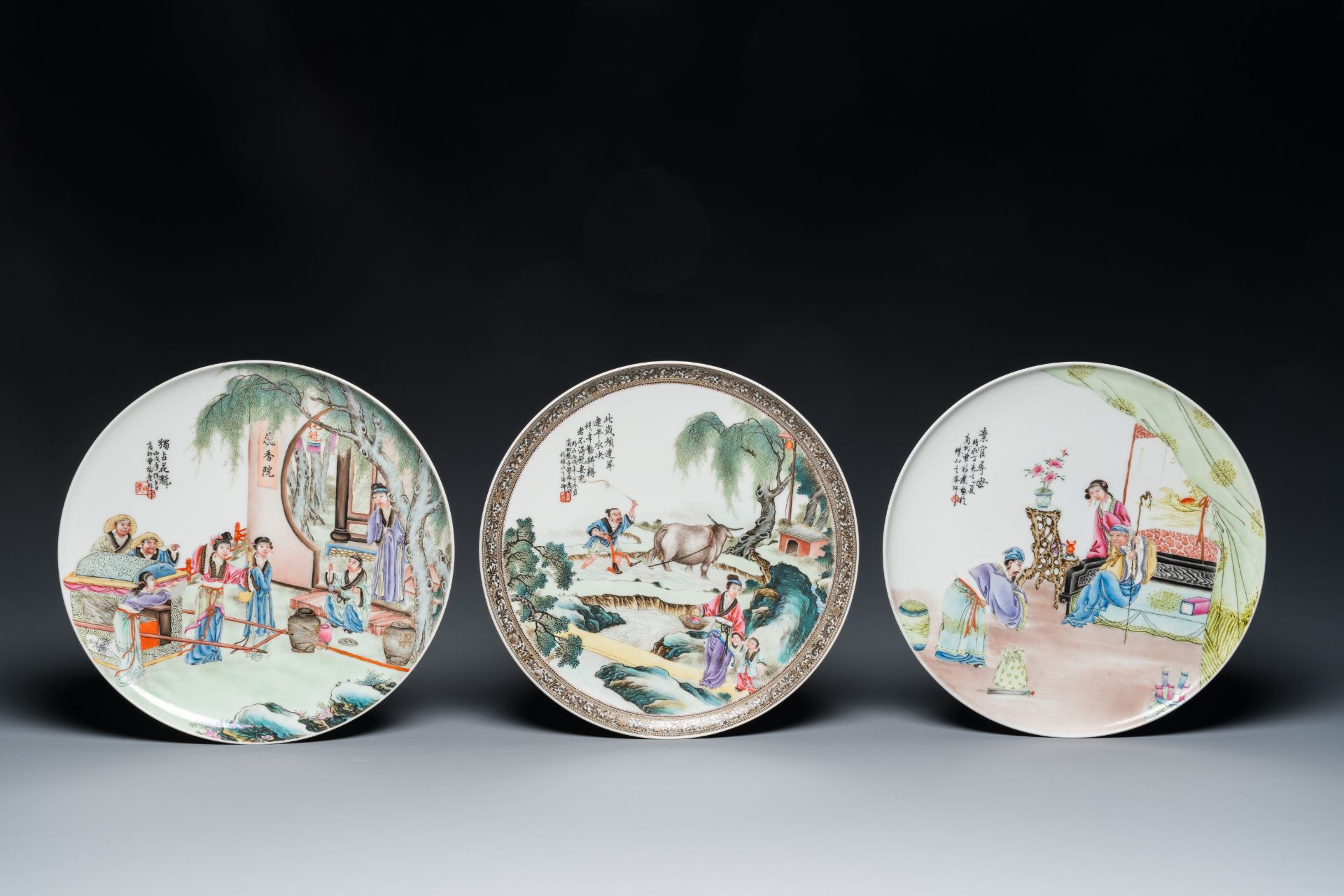 Three Chinese famille rose dishes, signed Zeng Fuqing 曾福慶 and Le Tao Zhai 樂陶齋 seal marks, 1946 & '47 - Image 2 of 3