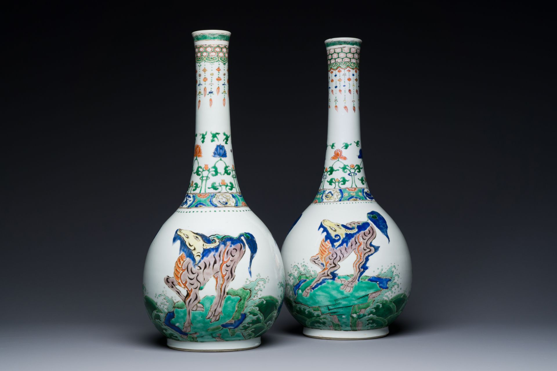 A pair of large Chinese famille verte 'mythic animals' vases, Kangxi