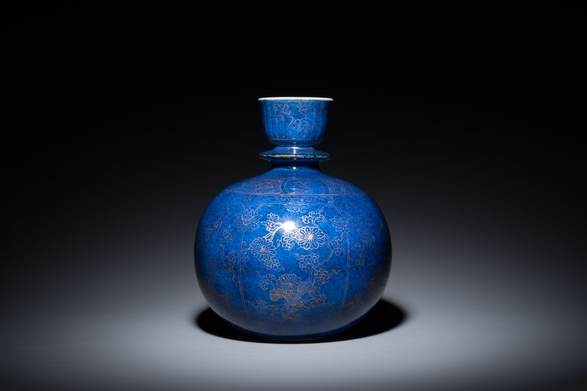 A Chinese monochrome powder-blue-glazed hookah base with gilt design of lotus scrolls, Kangxi - Image 3 of 6