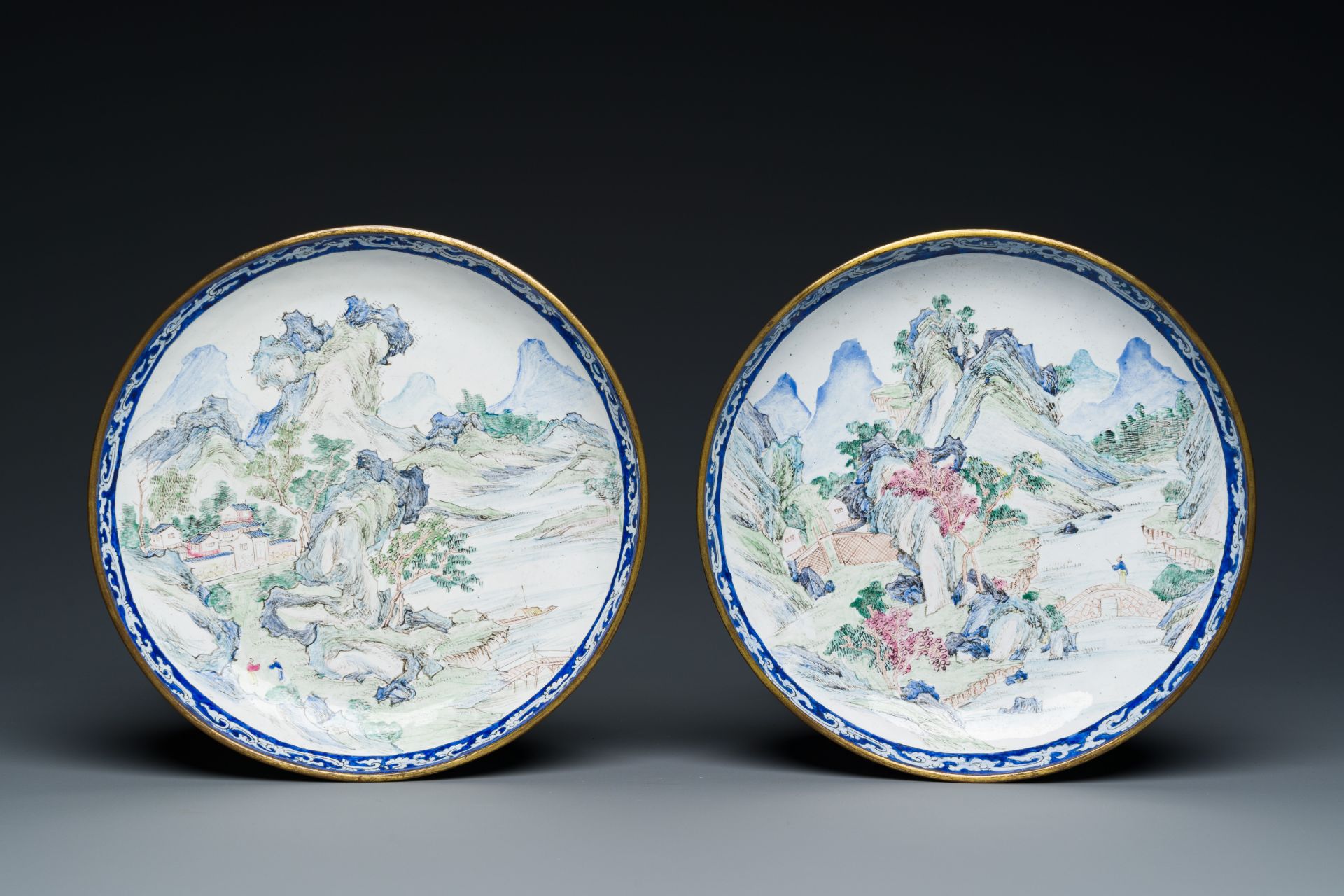 A pair of Chinese Canton enamel 'Master of the Rocks' plates, Yongzheng/Qianlong - Image 2 of 3