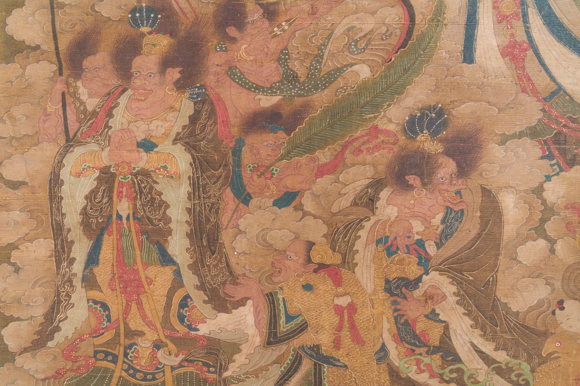Chinese school: 'A sky full of Buddhist divinities', ink and colour on silk, 18th C. - Image 9 of 10