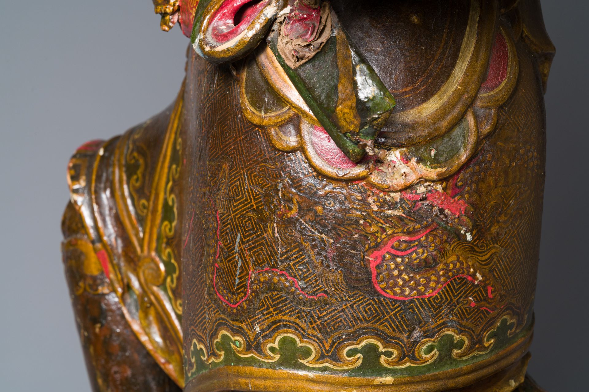 A large Japanese polychromed and gilt-lacquered wood figure of a divine general, Edo, dated 1623 - Image 7 of 23