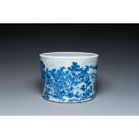 A large Chinese blue and white brush pot with a refined mountainous landscape, 18th C.